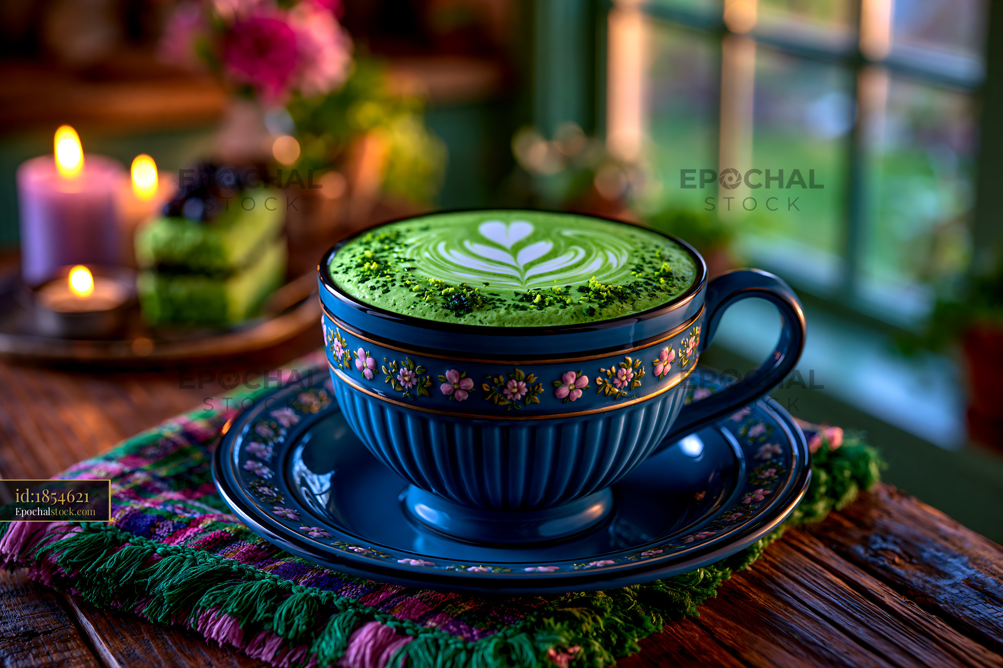 Watermarked full-resolution preview of Matcha tea in a decorated cup on a wooden table