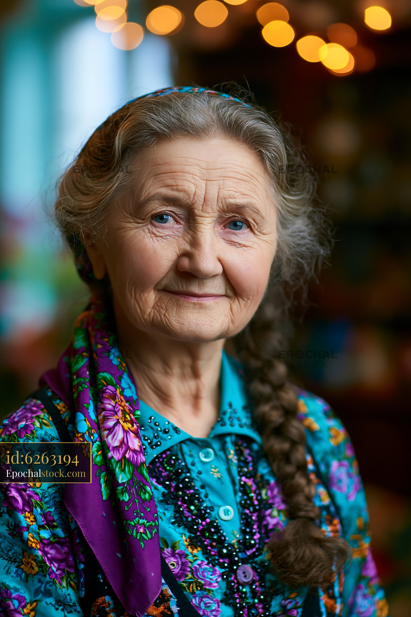 Watermarked full-resolution preview of Elderly woman with braids and colorful scarf smiling indoors