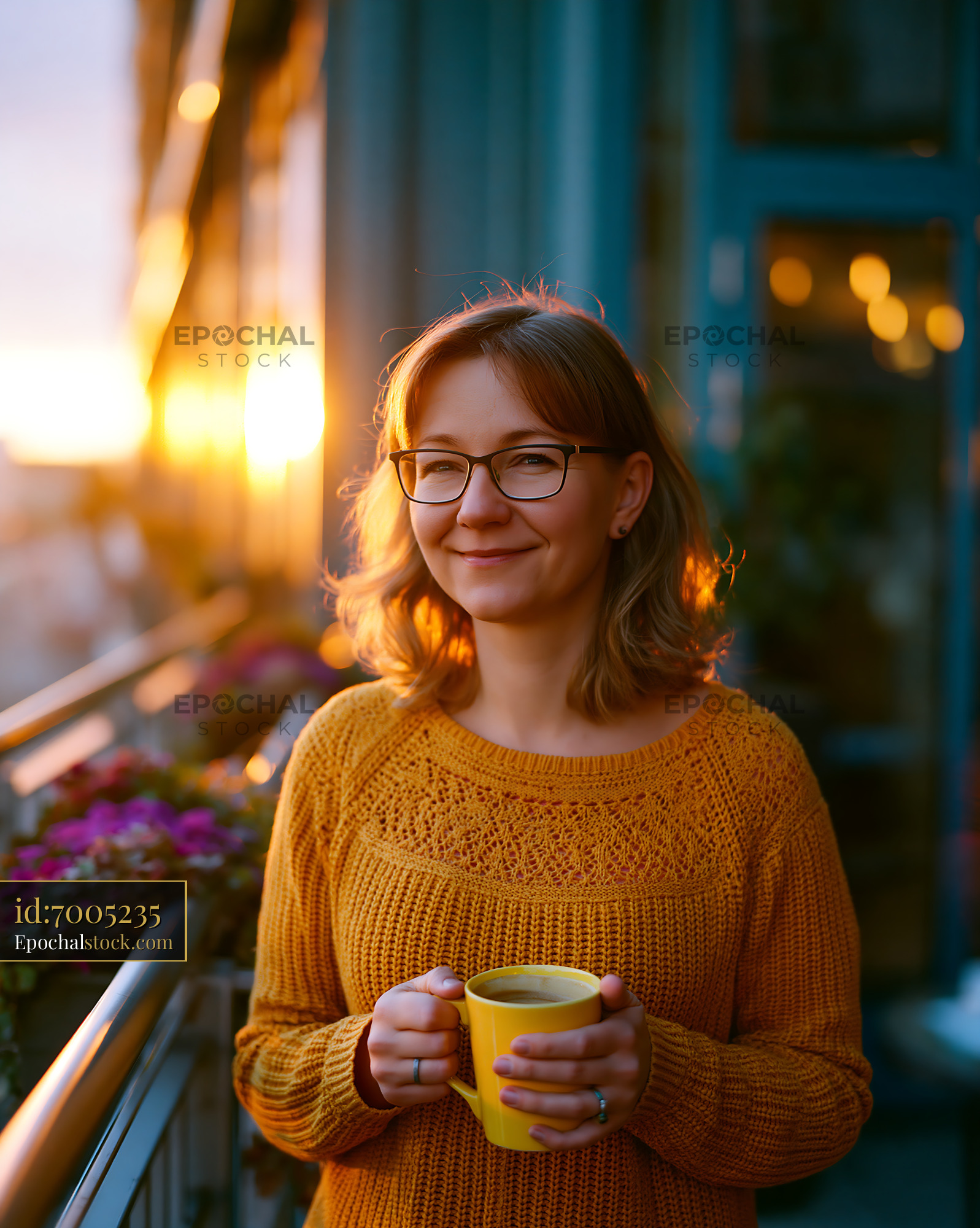 Watermarked full-resolution preview of Woman holding yellow mug during sunset on balcony