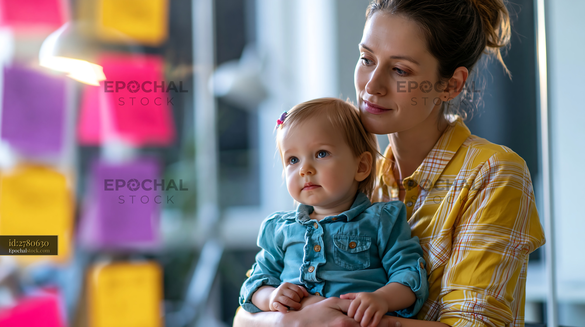 Watermarked full-resolution preview of Mother and child looking at colorful notes in an office space