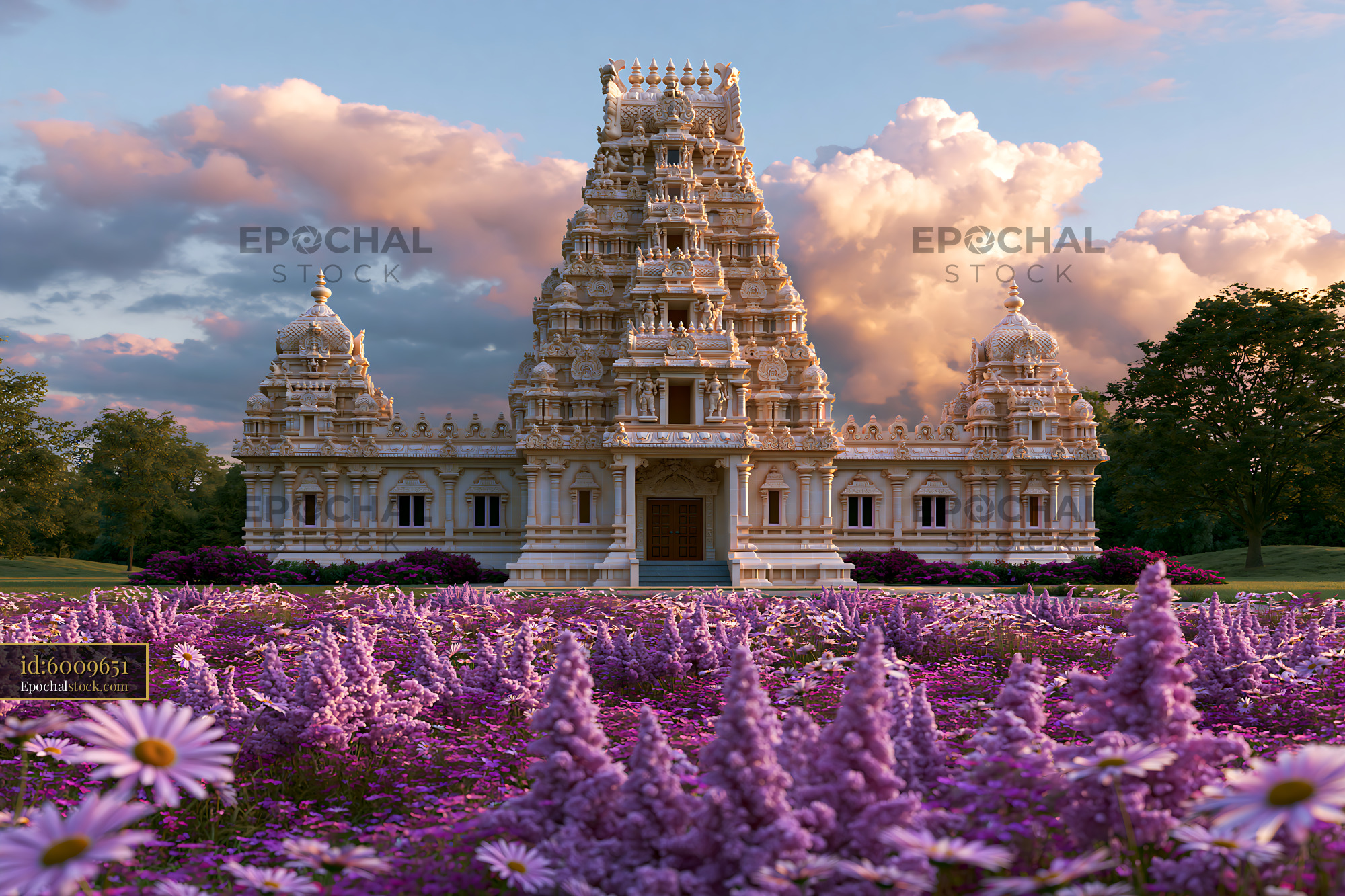 Watermarked full-resolution preview of Temple structure surrounded by purple flowers at sunset