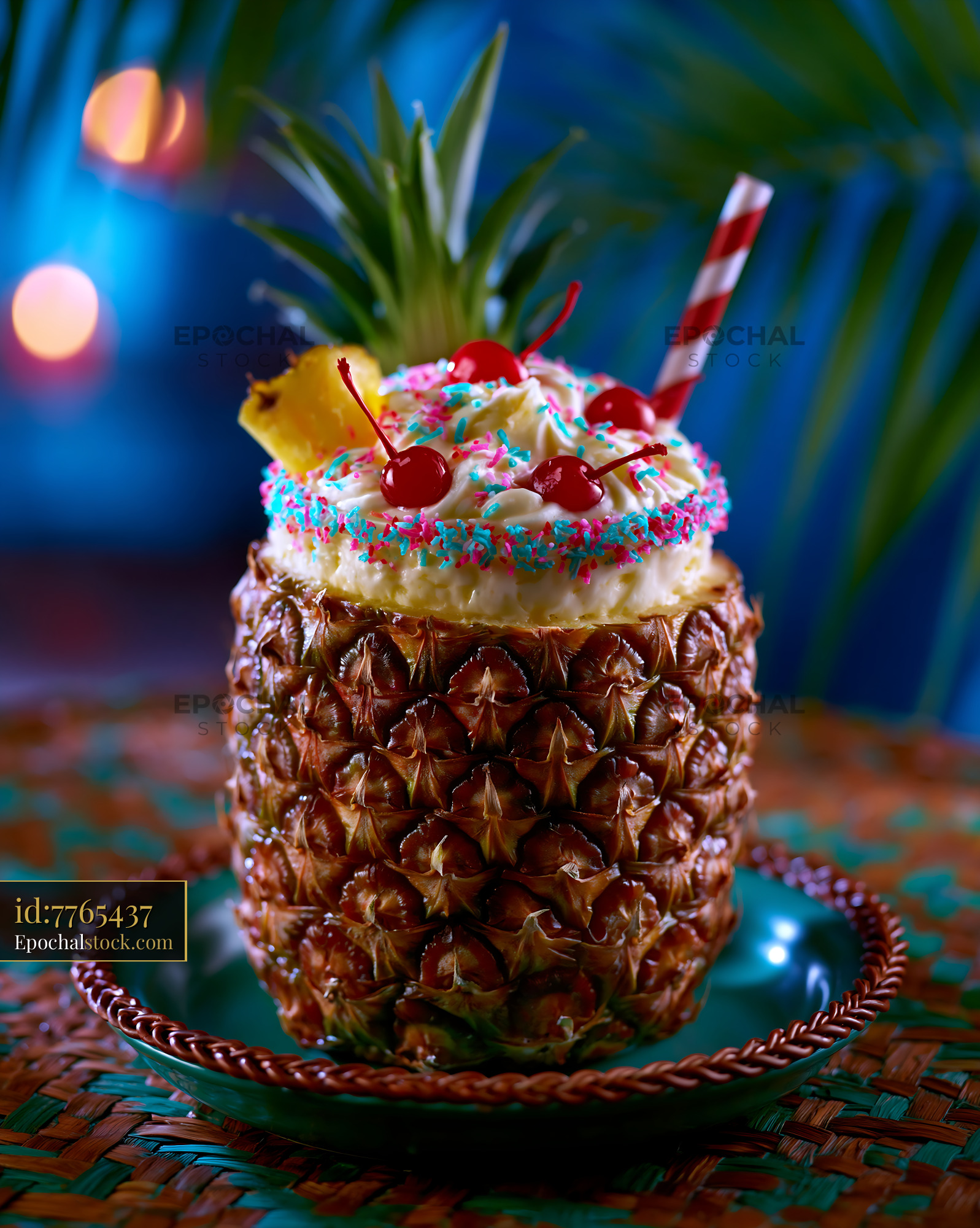 Watermarked full-resolution preview of Pineapple drink with cream and cherries served on a green plate