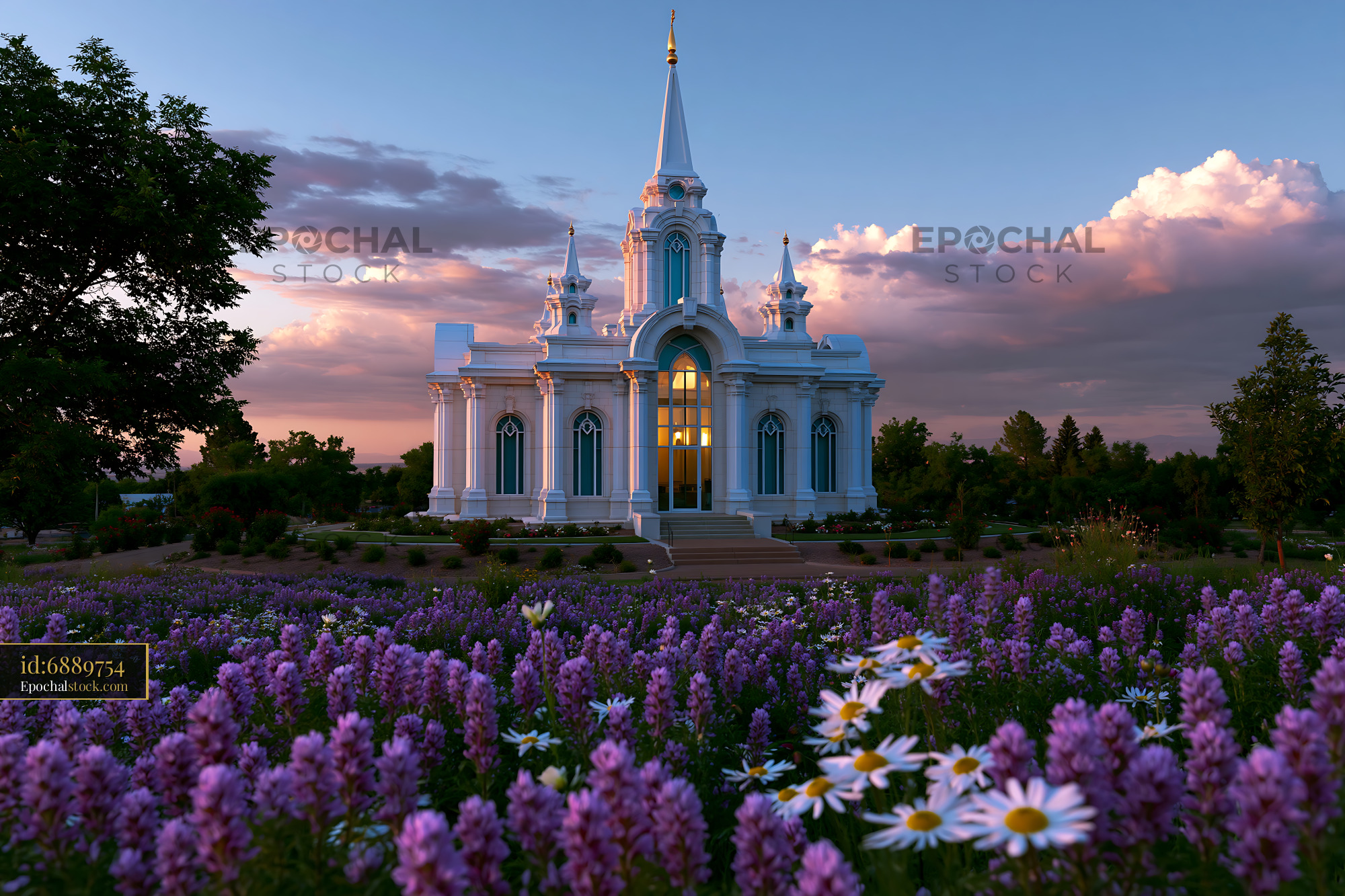 Watermarked full-resolution preview of Colorful flowers in front of a white building during sunset