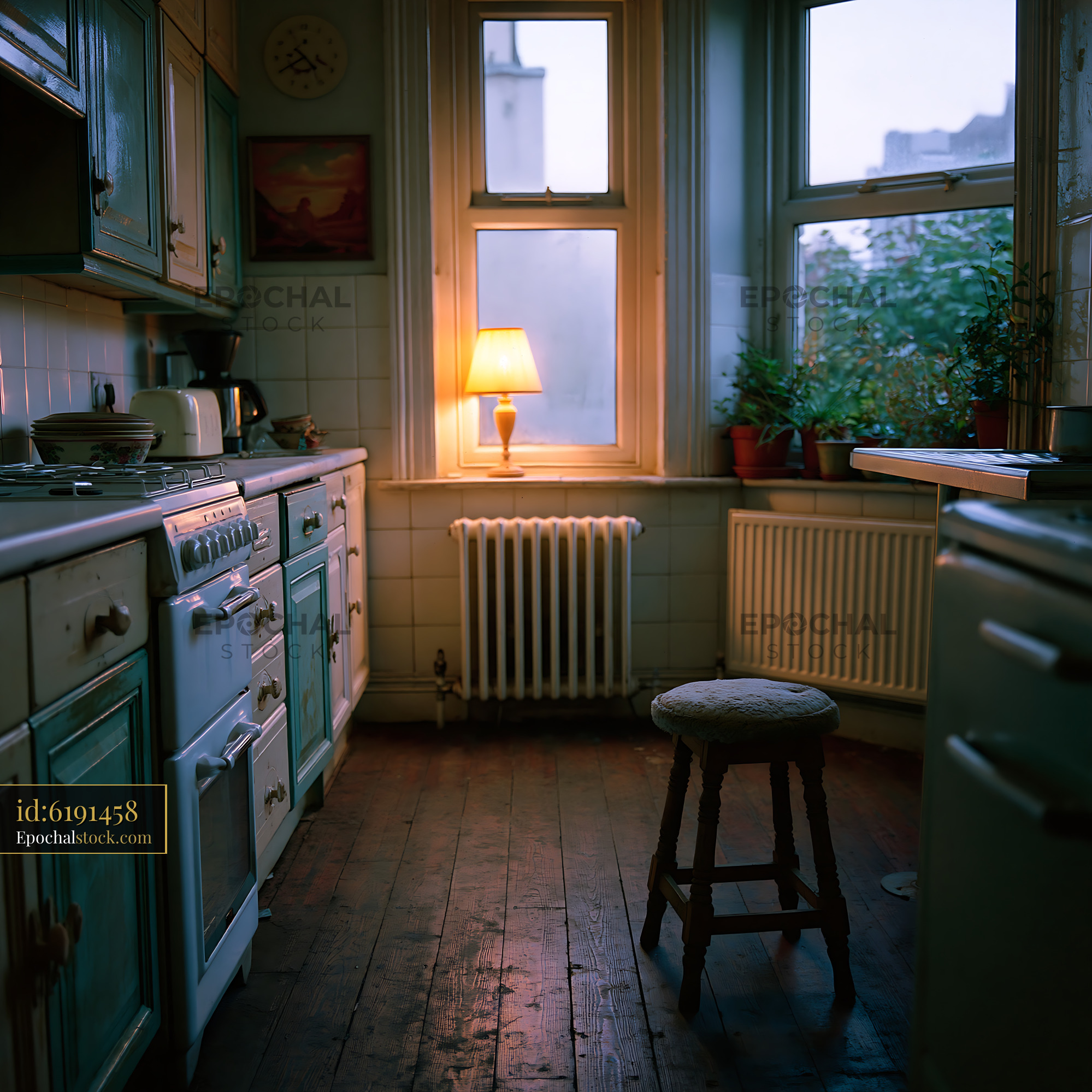 Watermarked full-resolution preview of Cozy kitchen with vintage decor and warm light