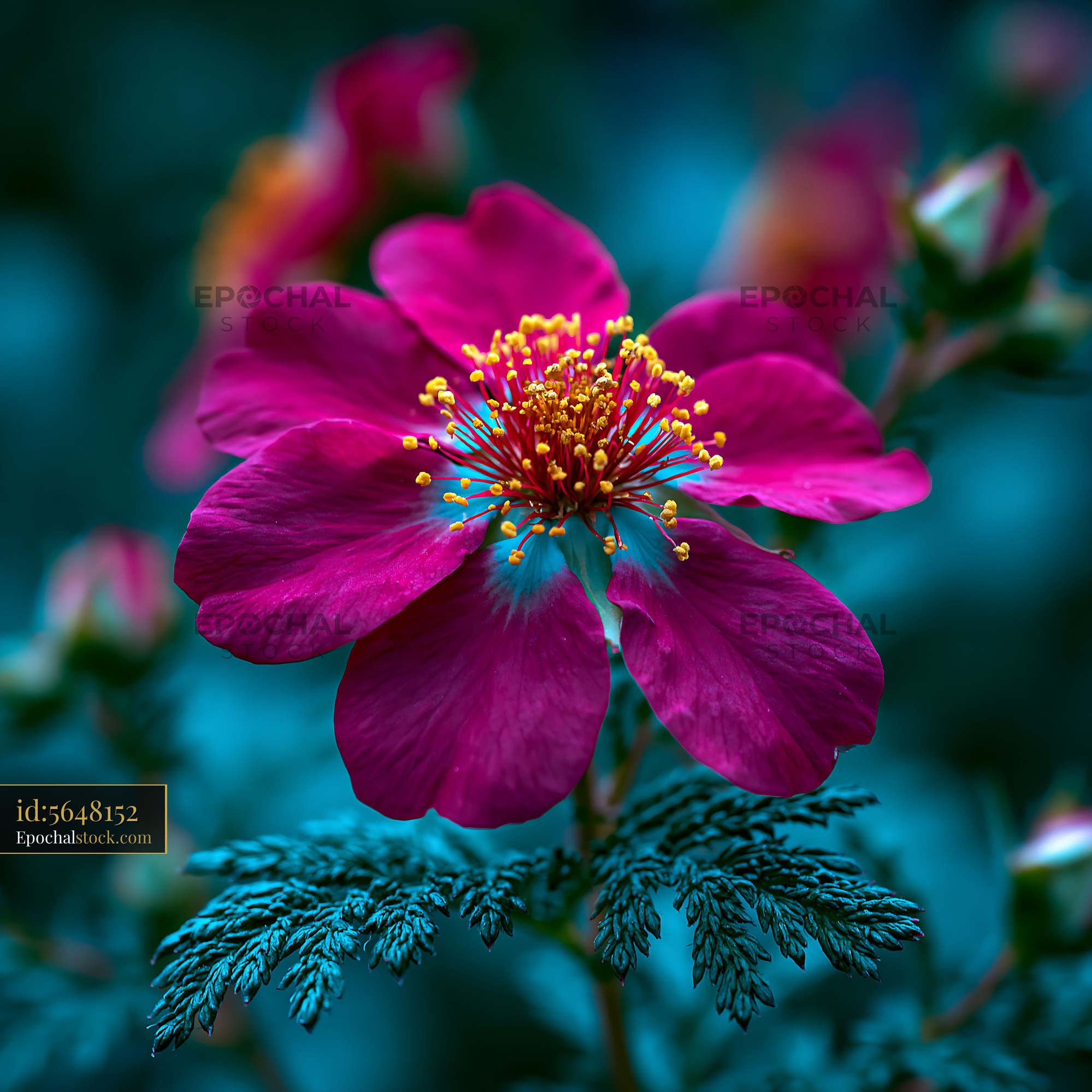 Watermarked full-resolution preview of Bright magenta flower with yellow pollen on green leaves