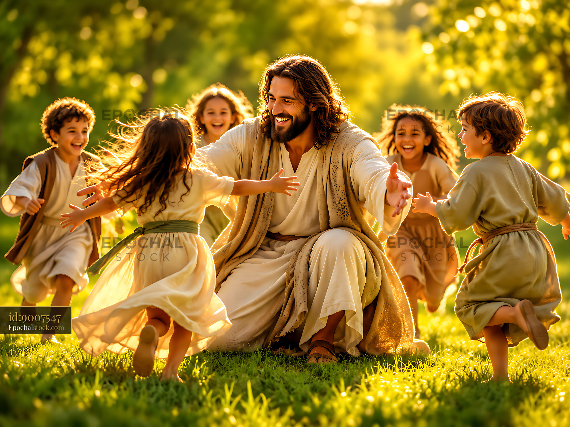 Watermarked full-resolution preview of Joyful gathering of children with man in natural setting
