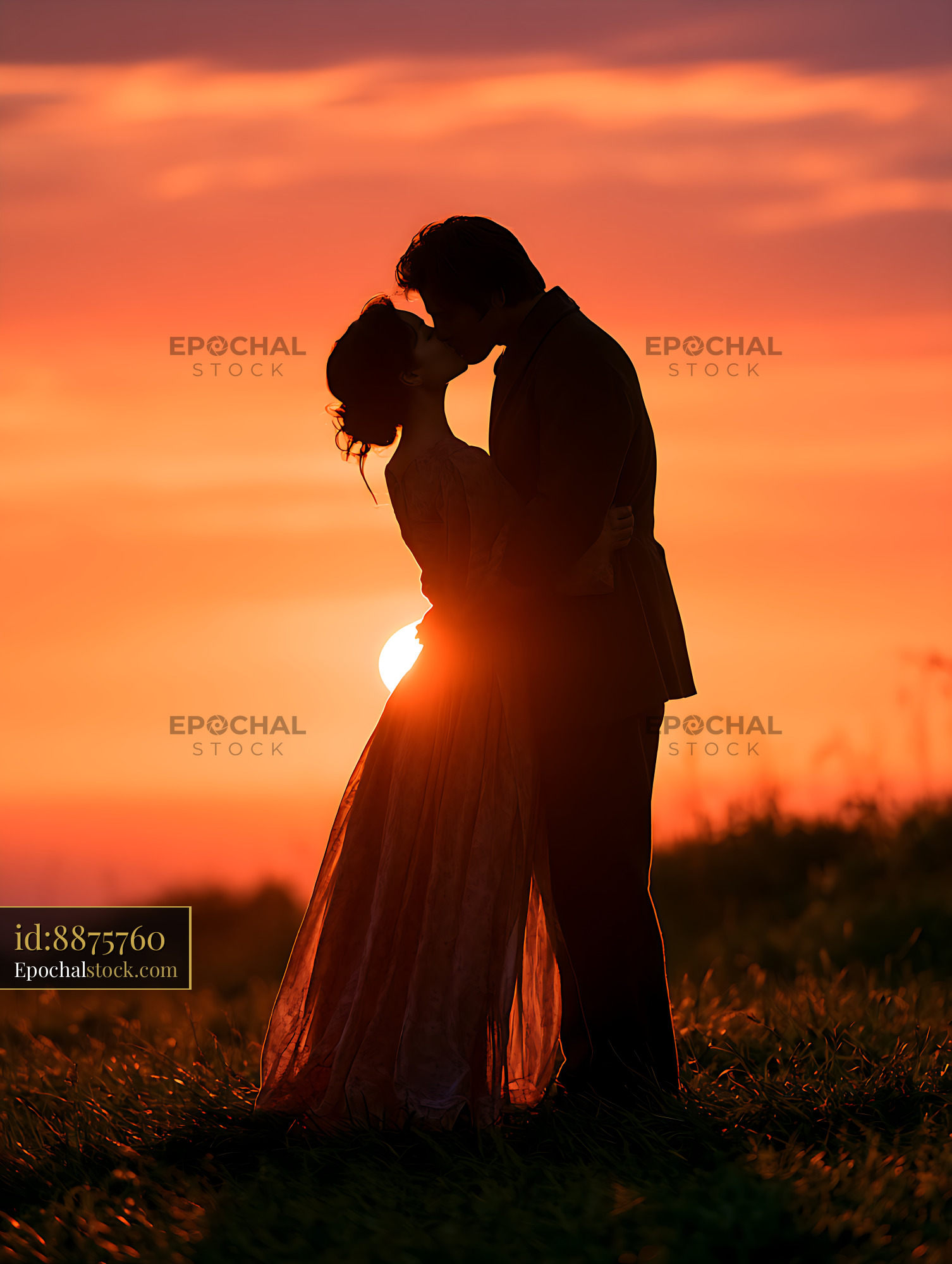 Watermarked full-resolution preview of Romantic couple kissing in a sunset field