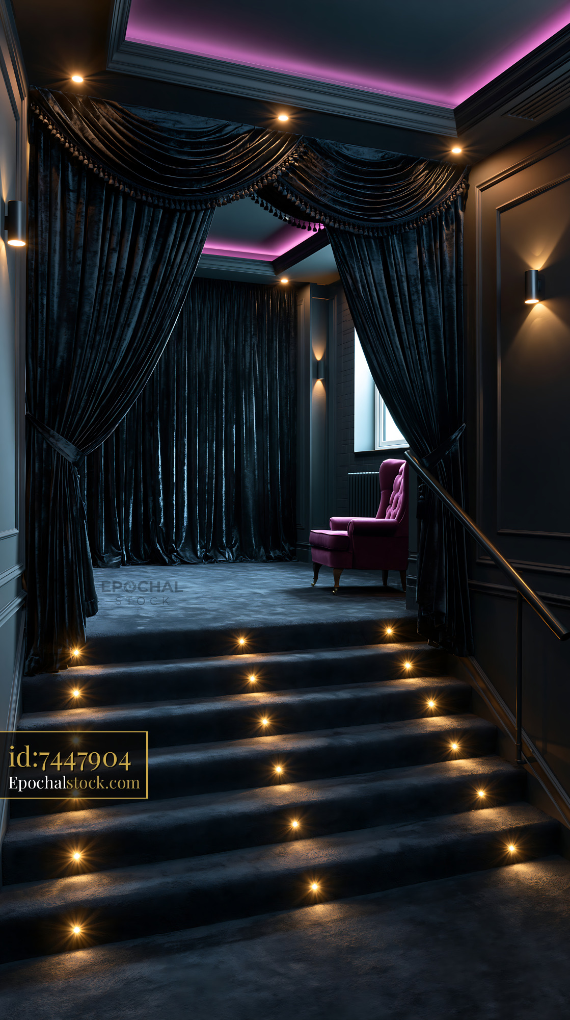 Watermarked full-resolution preview of Elegant corridor with purple lighting and a velvet curtain