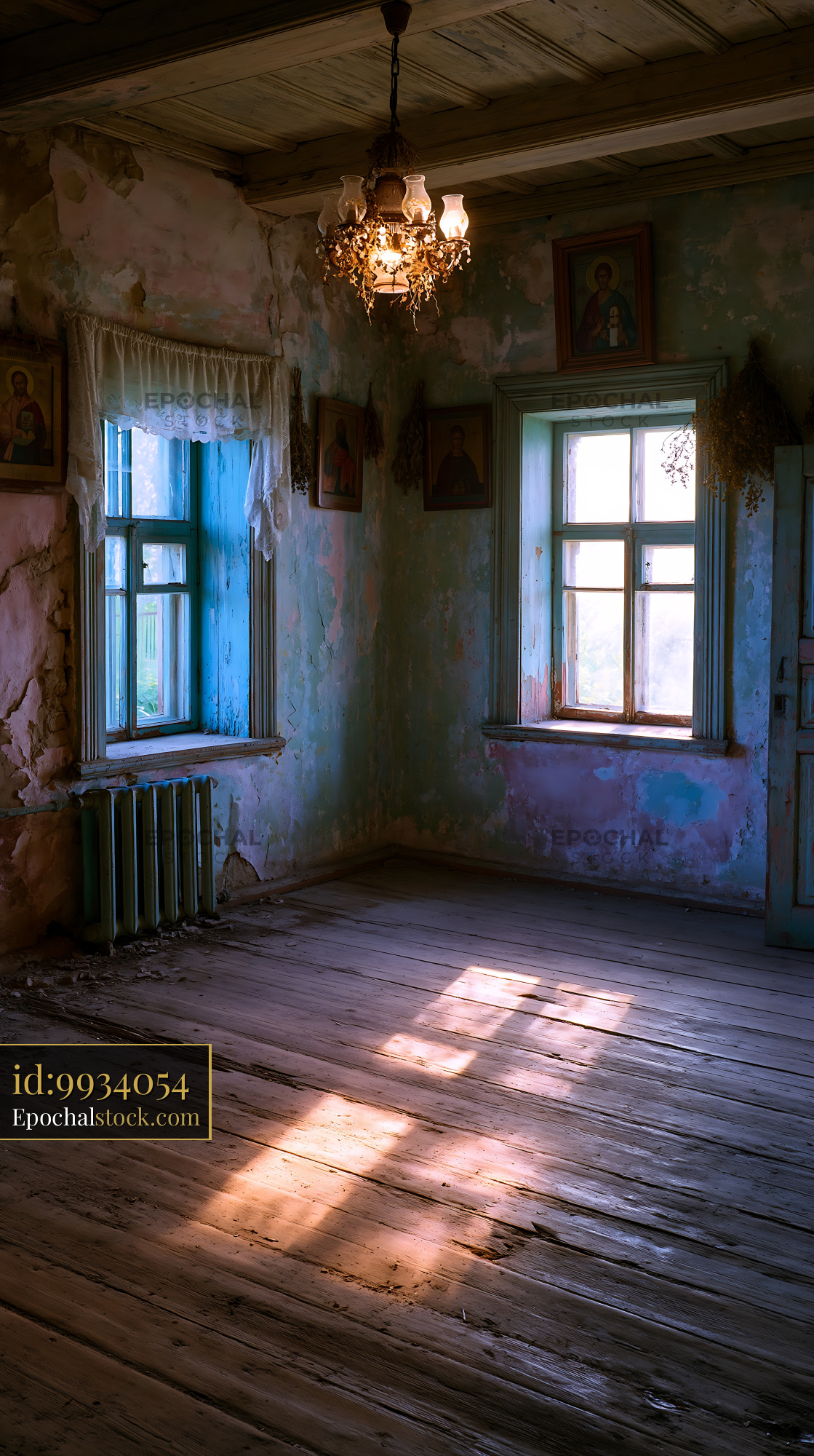 Watermarked full-resolution preview of Old room with peeling walls and light streaming through the windows