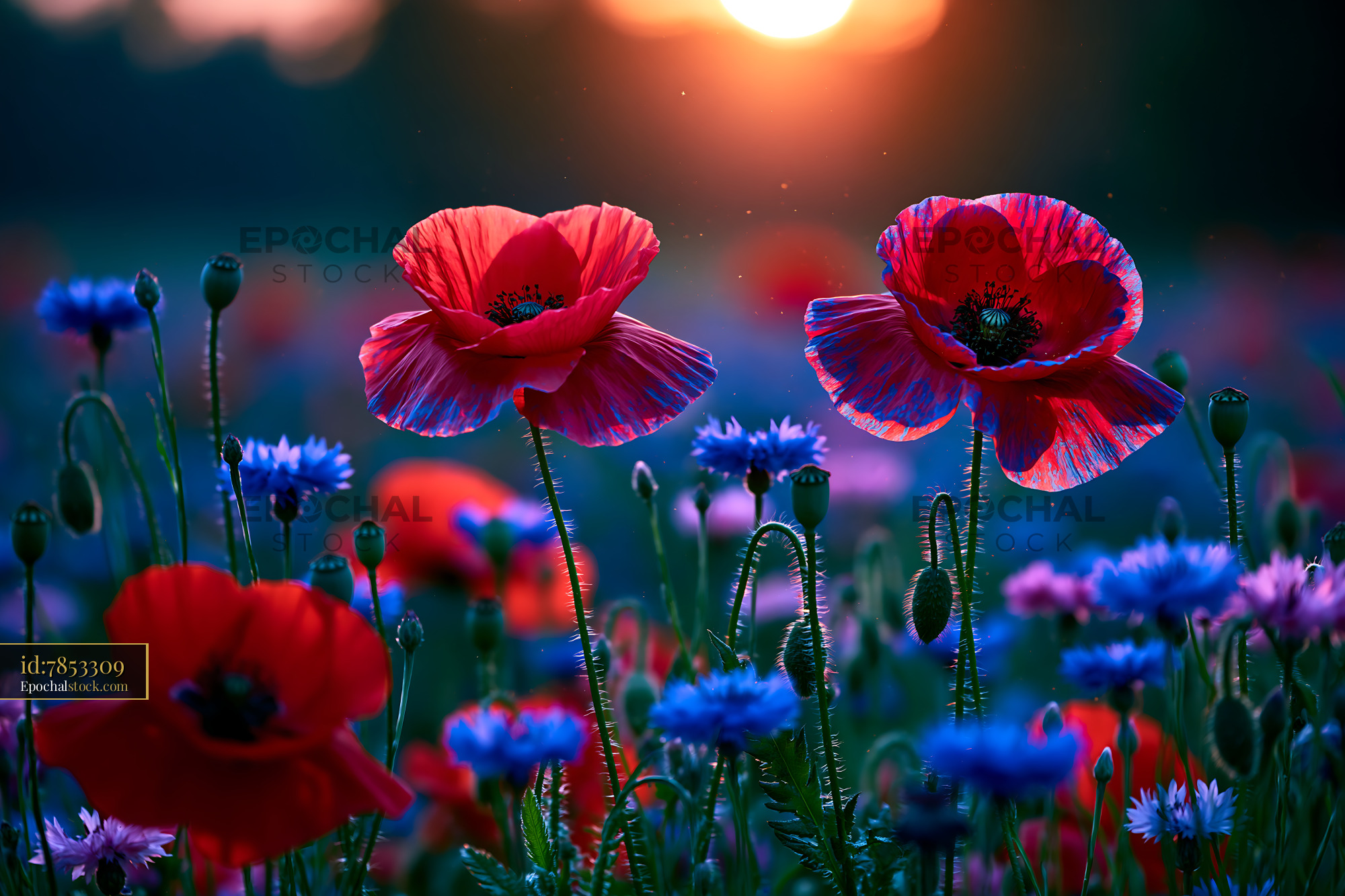 Watermarked full-resolution preview of Poppies and cornflowers at sunset with warm light