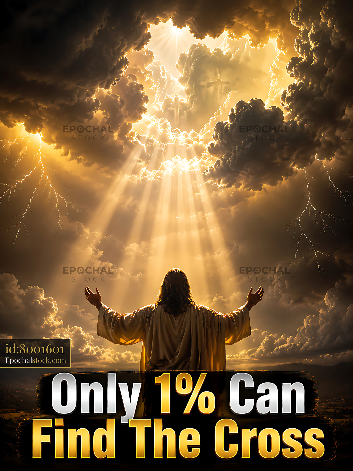 Watermarked full-resolution preview of Light breaks through clouds in a dramatic sky with a figure