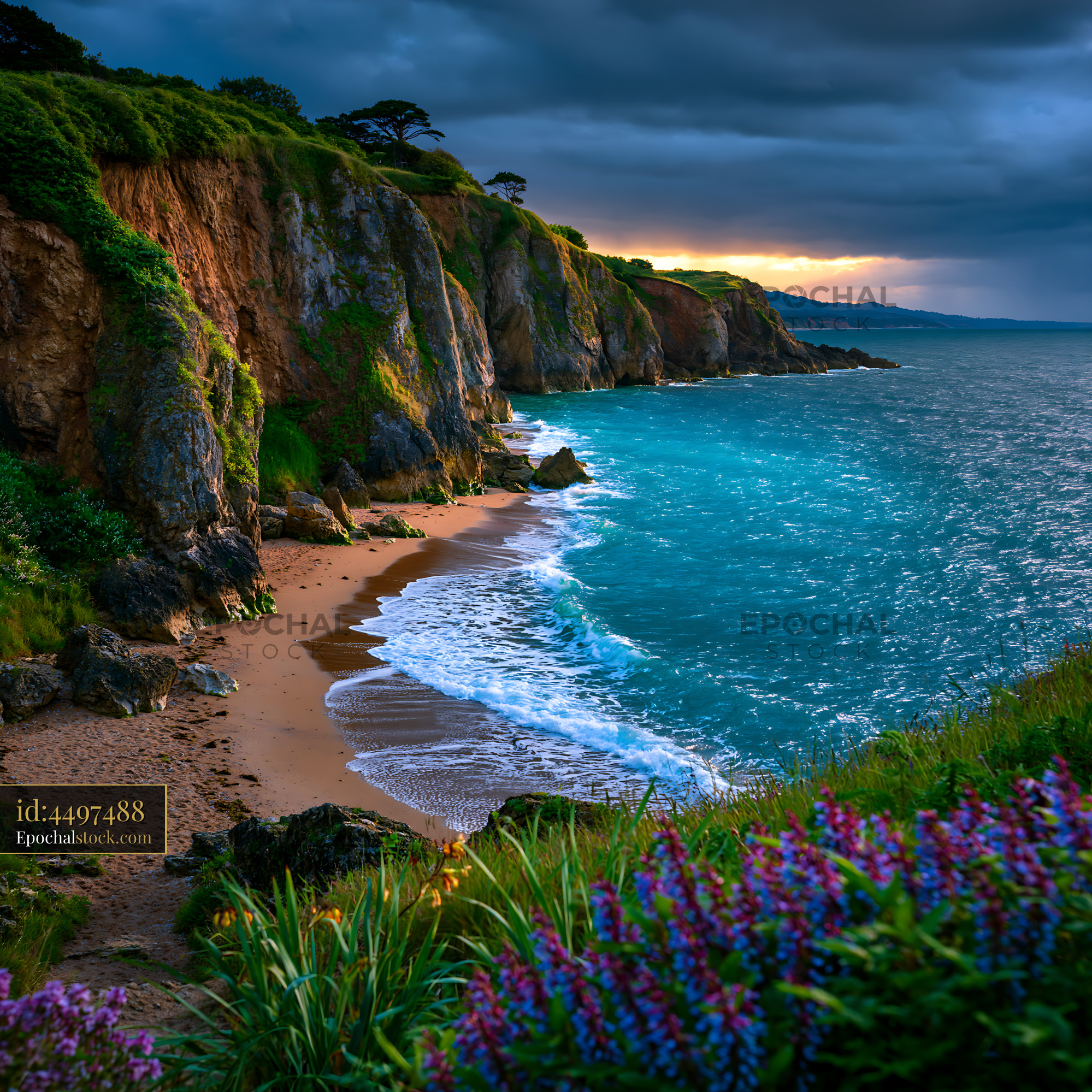Watermarked full-resolution preview of Coastline view with waves crashing on sandy beach at sunset