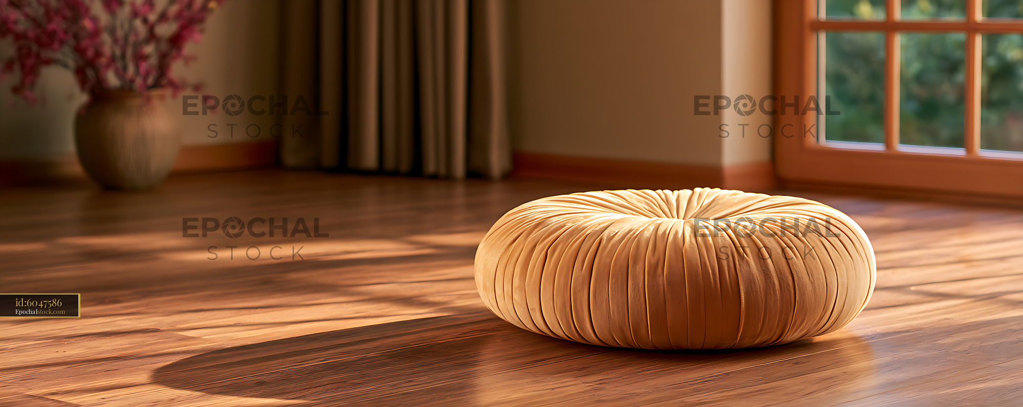 Watermarked full-resolution preview of Round tufted cushion on a warm wooden floor