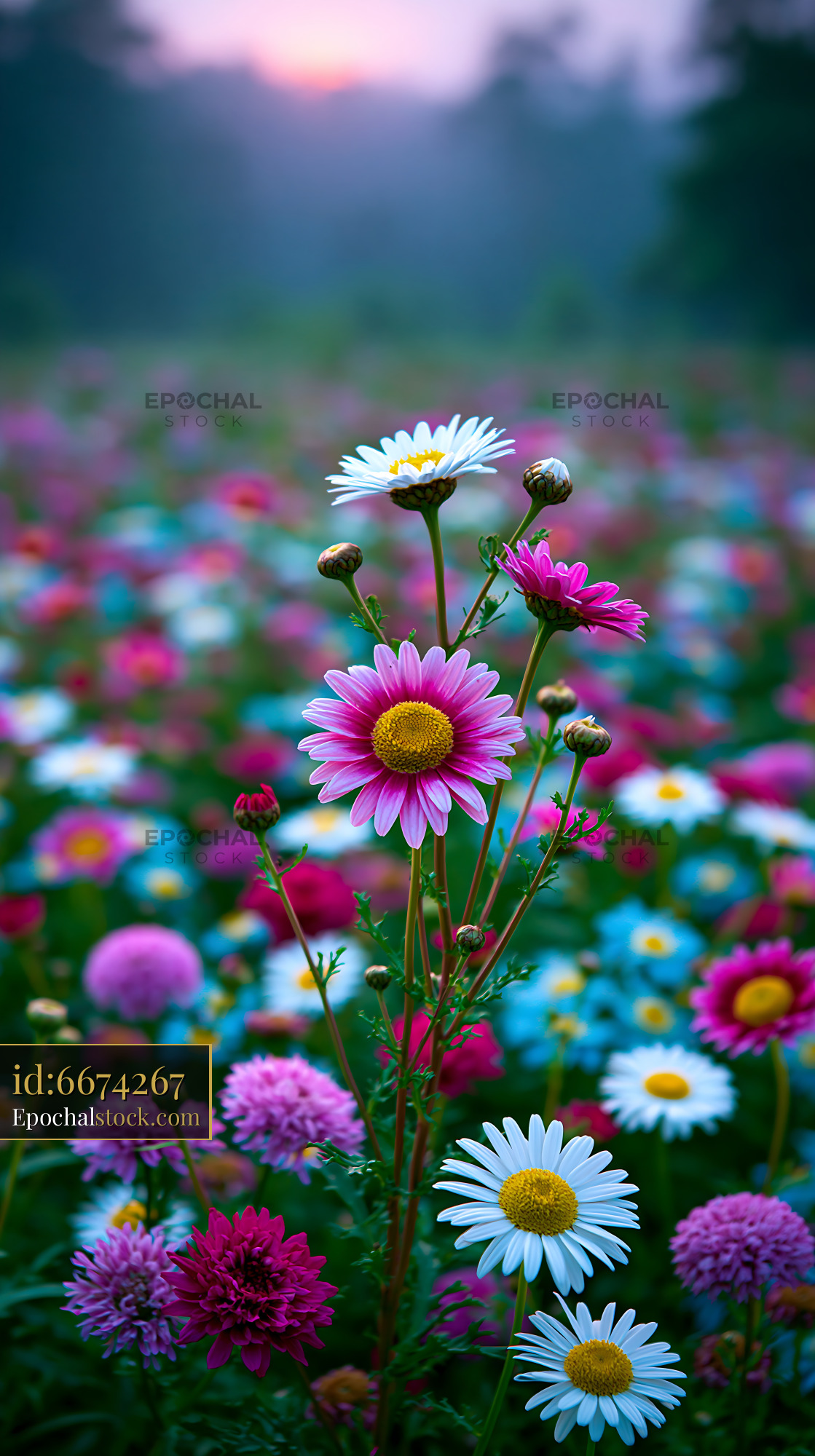Watermarked full-resolution preview of Colorful flowers in a field during sunrise
