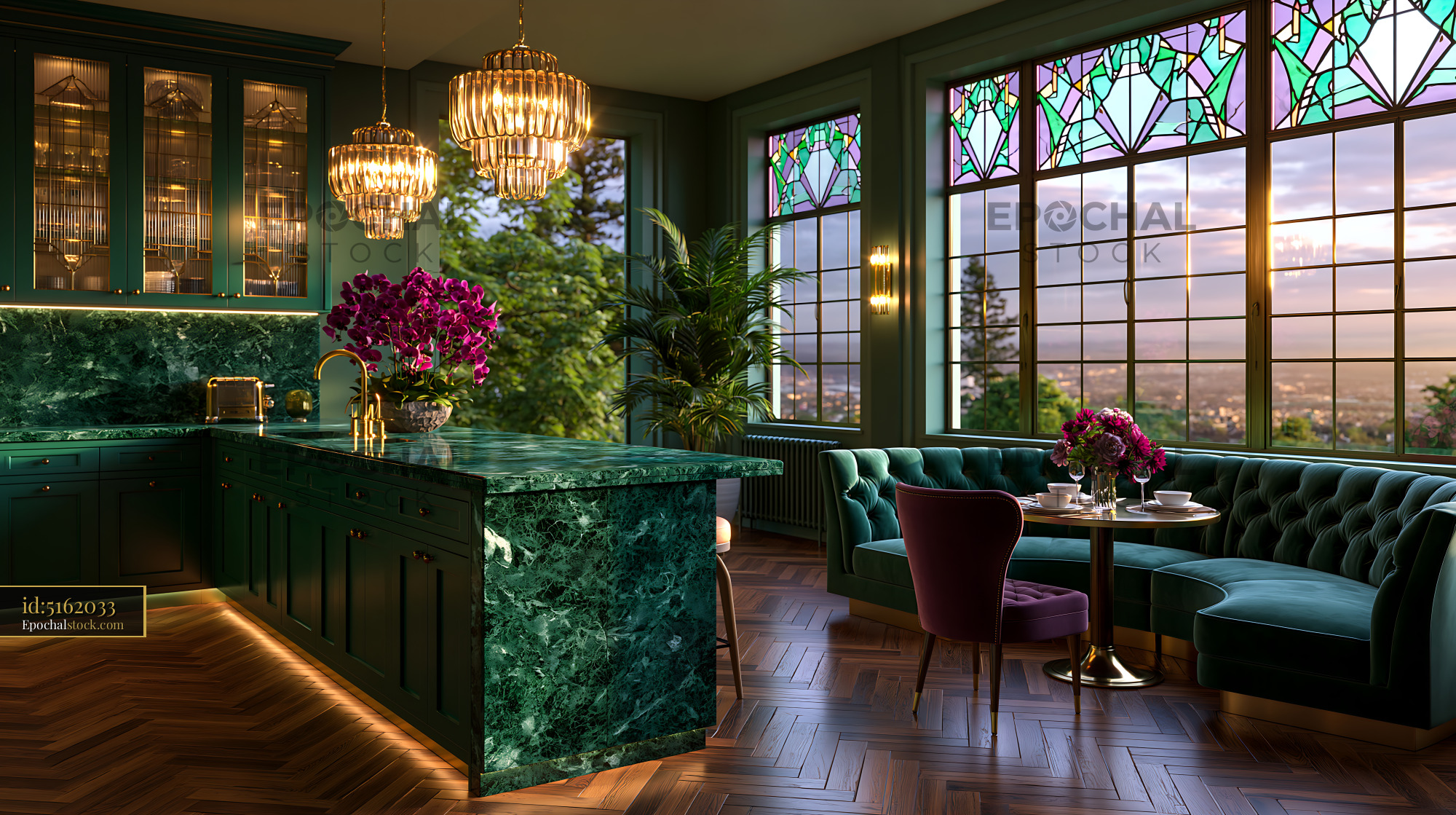 Watermarked full-resolution preview of Interior of a modern kitchen and dining area with large windows