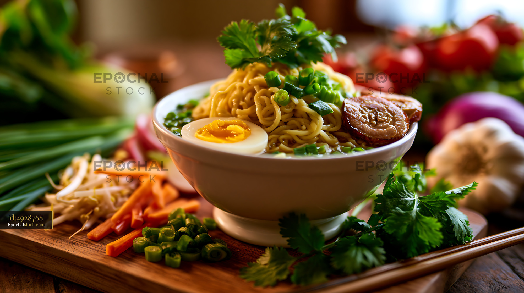 Watermarked full-resolution preview of Noodle bowl with vegetables and herbs on wooden table