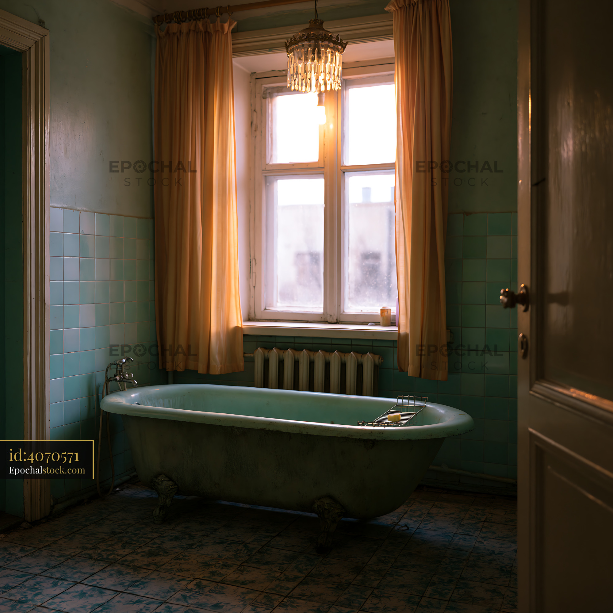Watermarked full-resolution preview of Old bathroom with a bathtub and window allowing natural light
