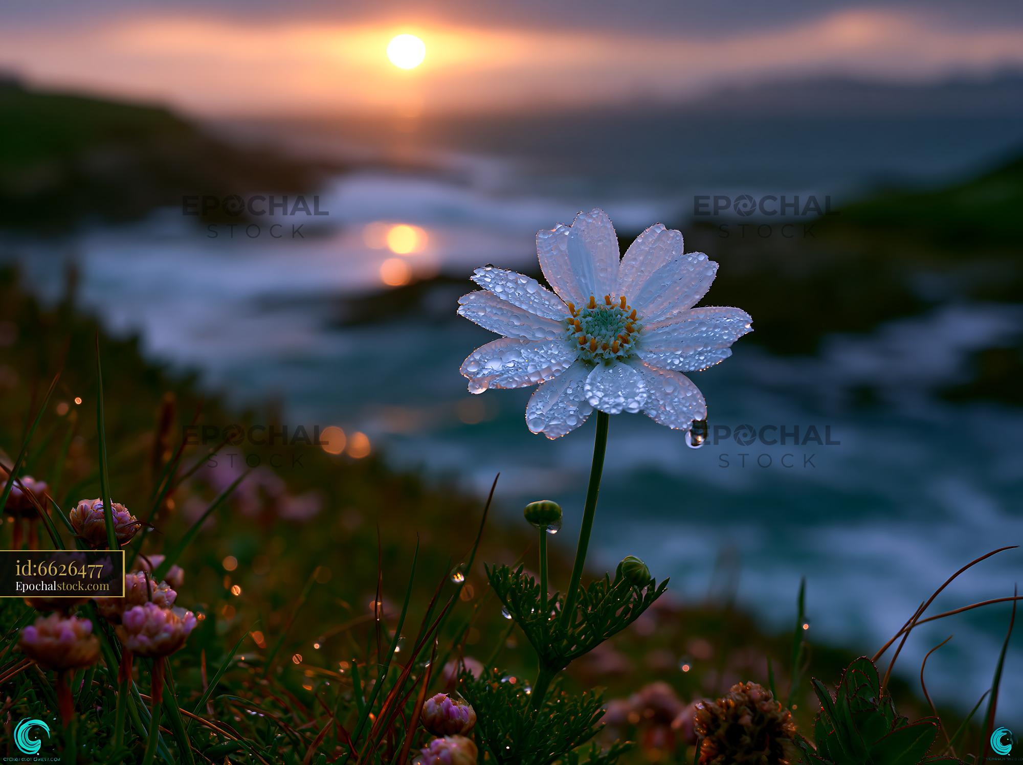 Flower With Dew at Sunset Near Sea Coast With Waves Crashing - stock photo