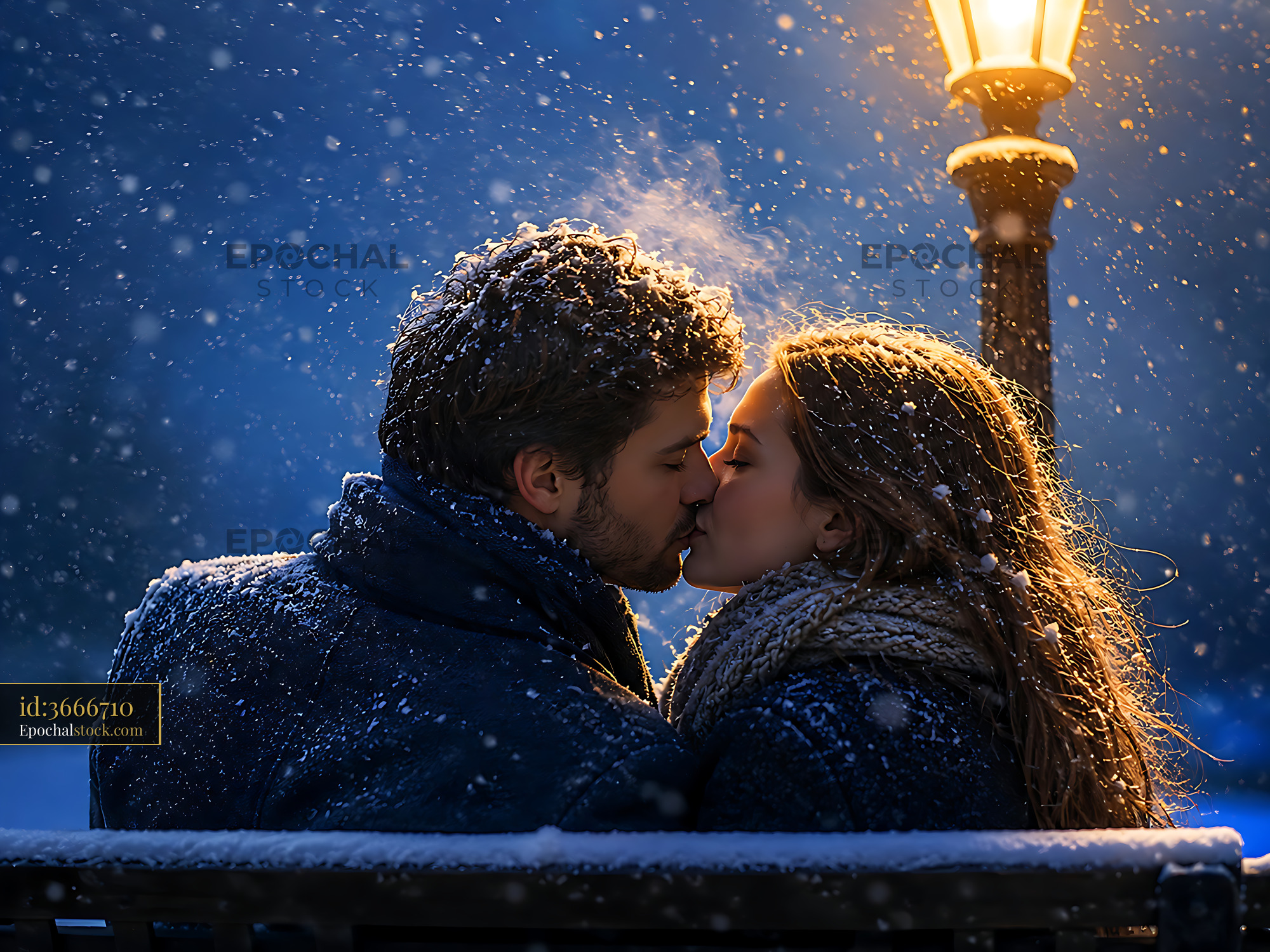 Watermarked full-resolution preview of Couple kissing under a streetlamp in the snow at night