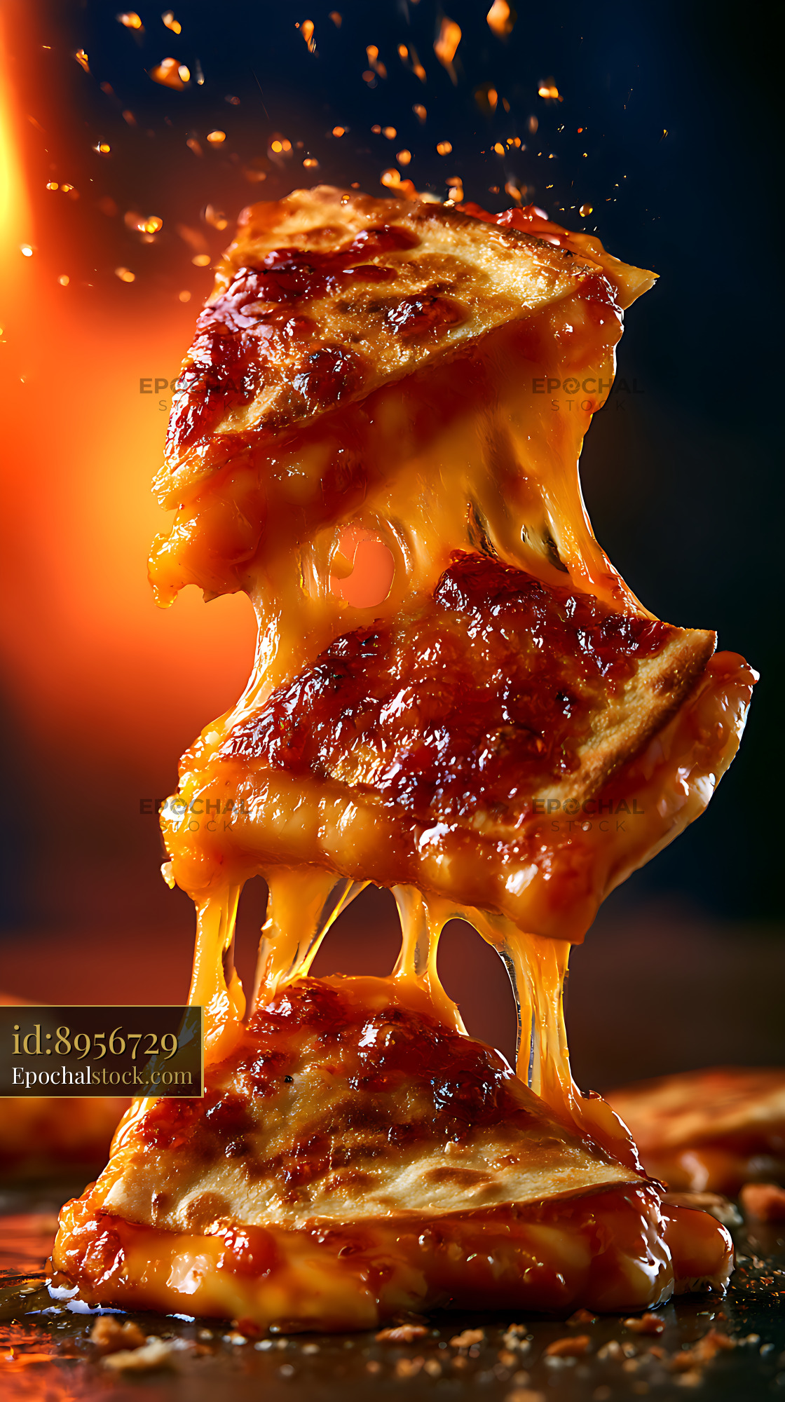 Watermarked full-resolution preview of Close-up of stacked pizza slices and stretchy melted cheese