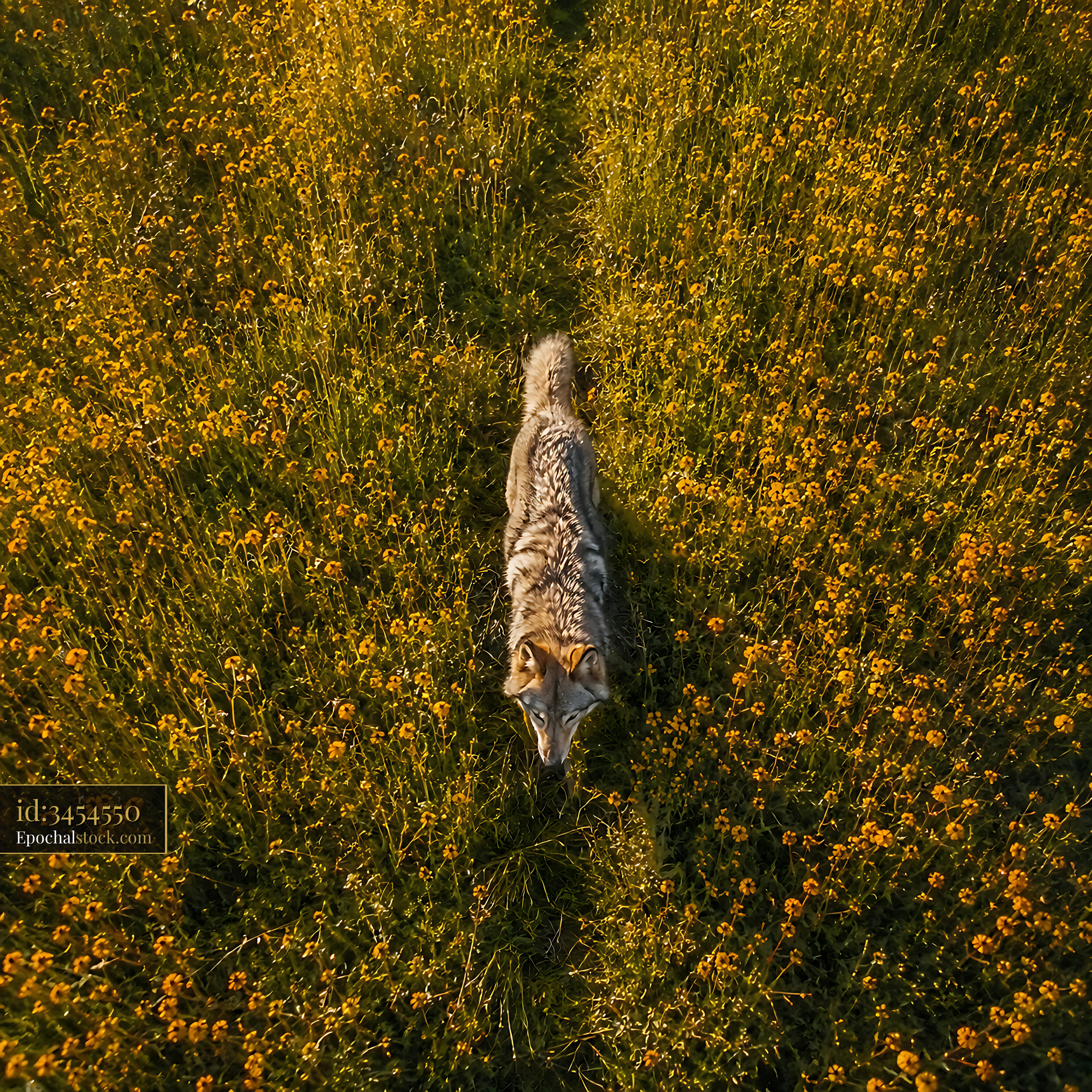 Watermarked full-resolution preview of Coyote walking through a field of yellow flowers