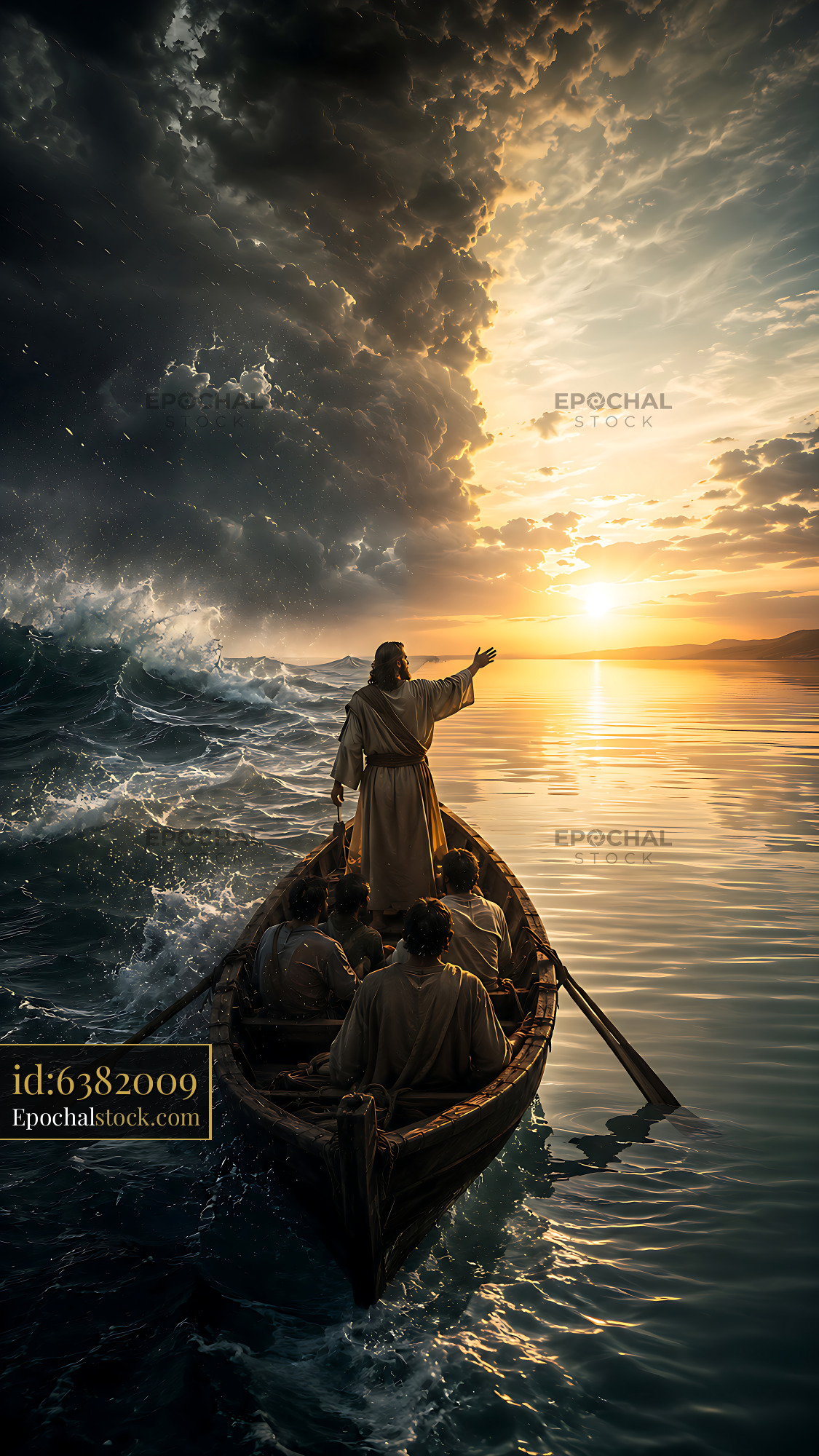 Watermarked full-resolution preview of Man standing in boat during storm at sunset