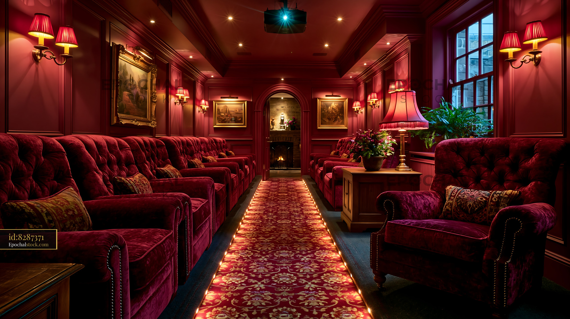 Basement Cinema With Red Velvet Seating and Cozy Lighting - stock photo