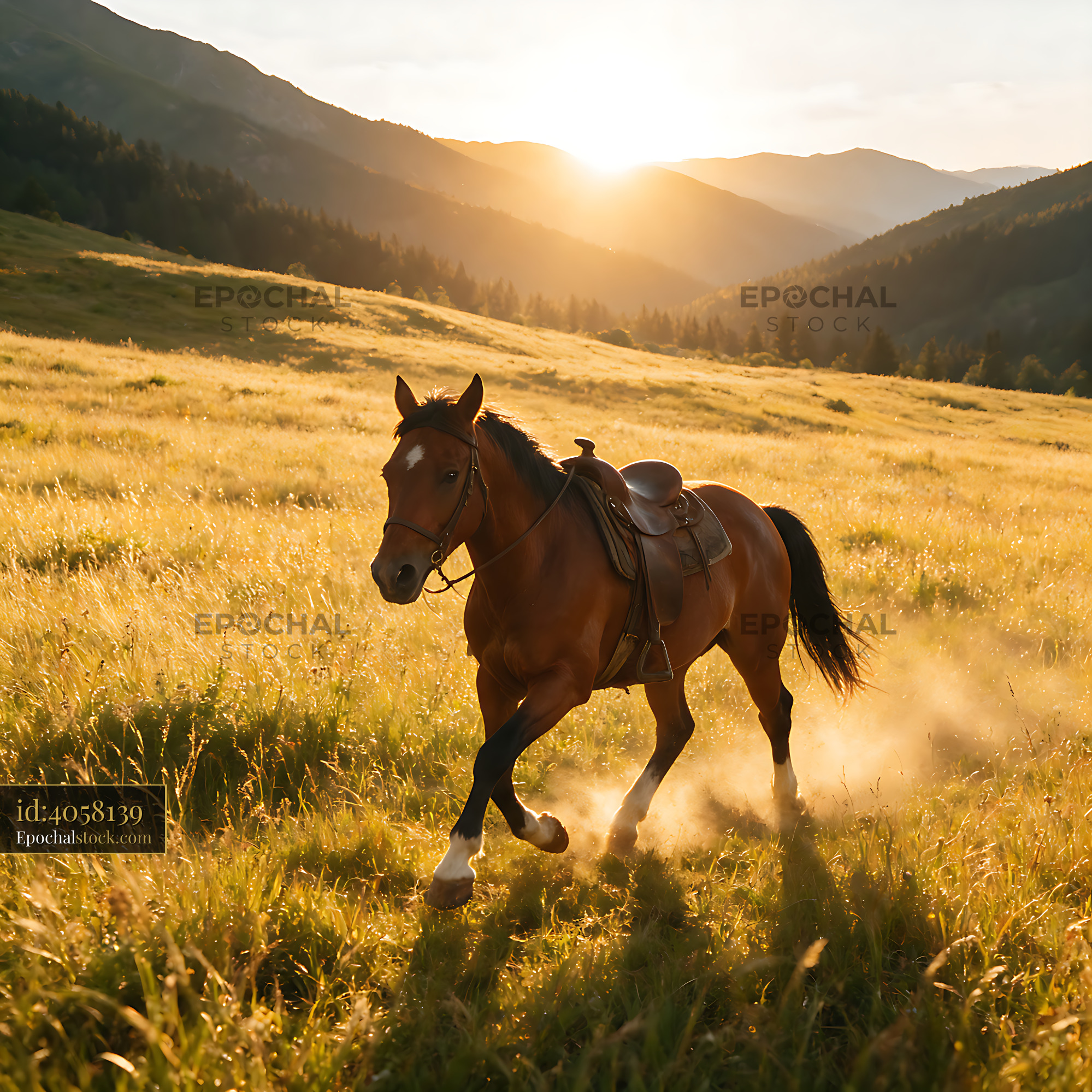 Watermarked full-resolution preview of Saddled horse crossing a sunlit mountain meadow