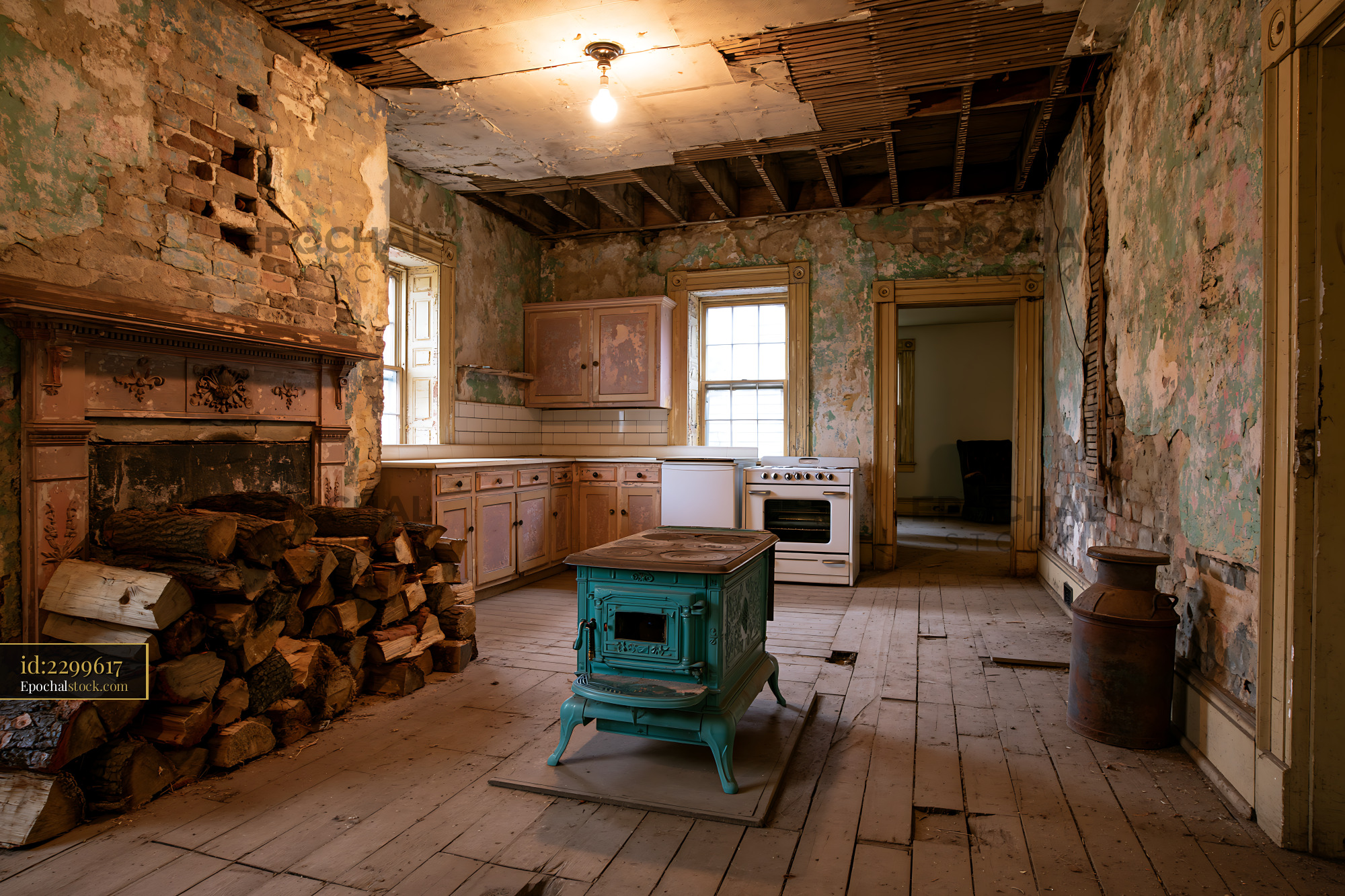Watermarked full-resolution preview of Old kitchen with peeling walls and vintage stove in a vacant house