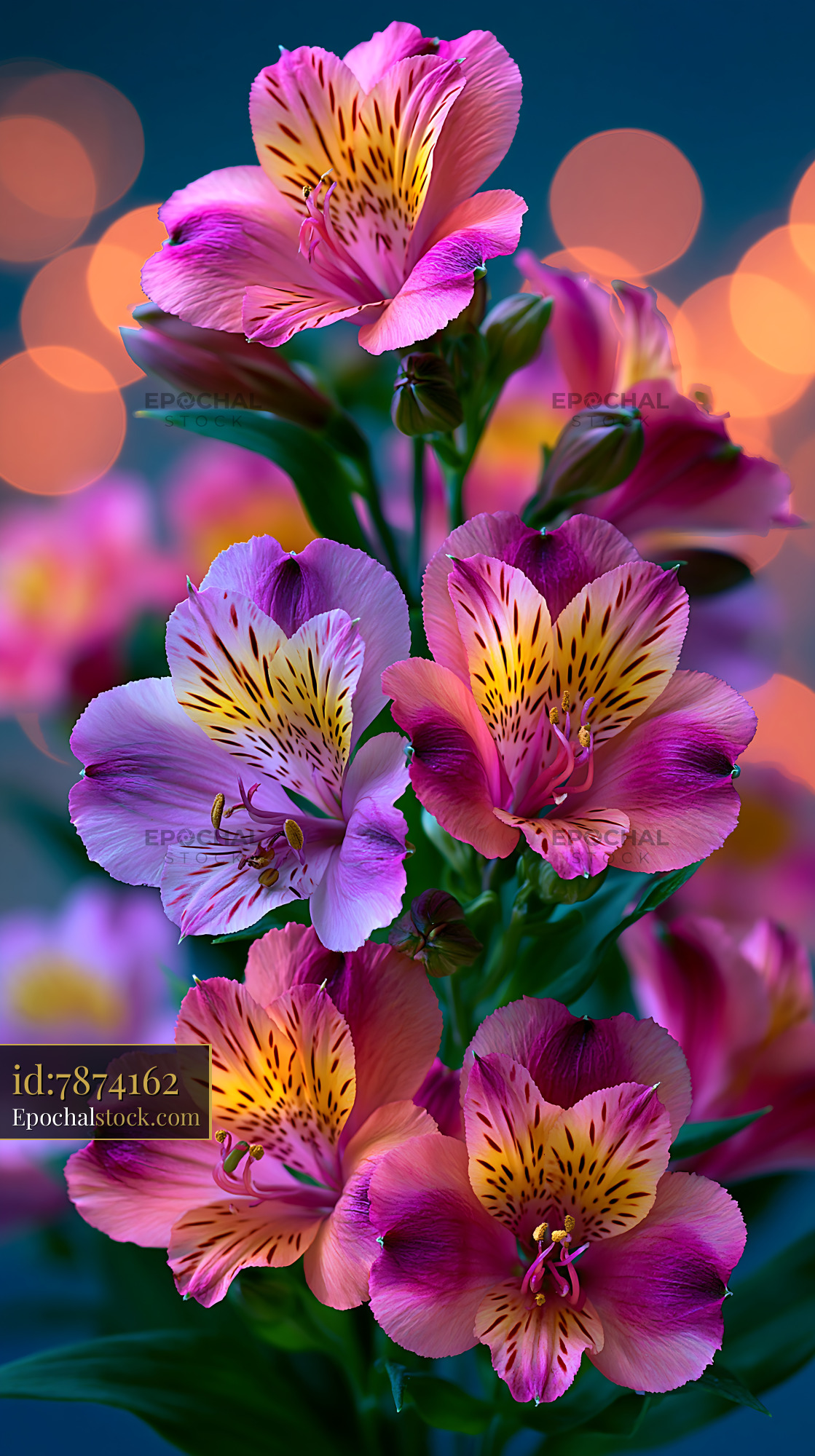 Watermarked full-resolution preview of Colorful Alstroemeria flowers with blurred lights in background