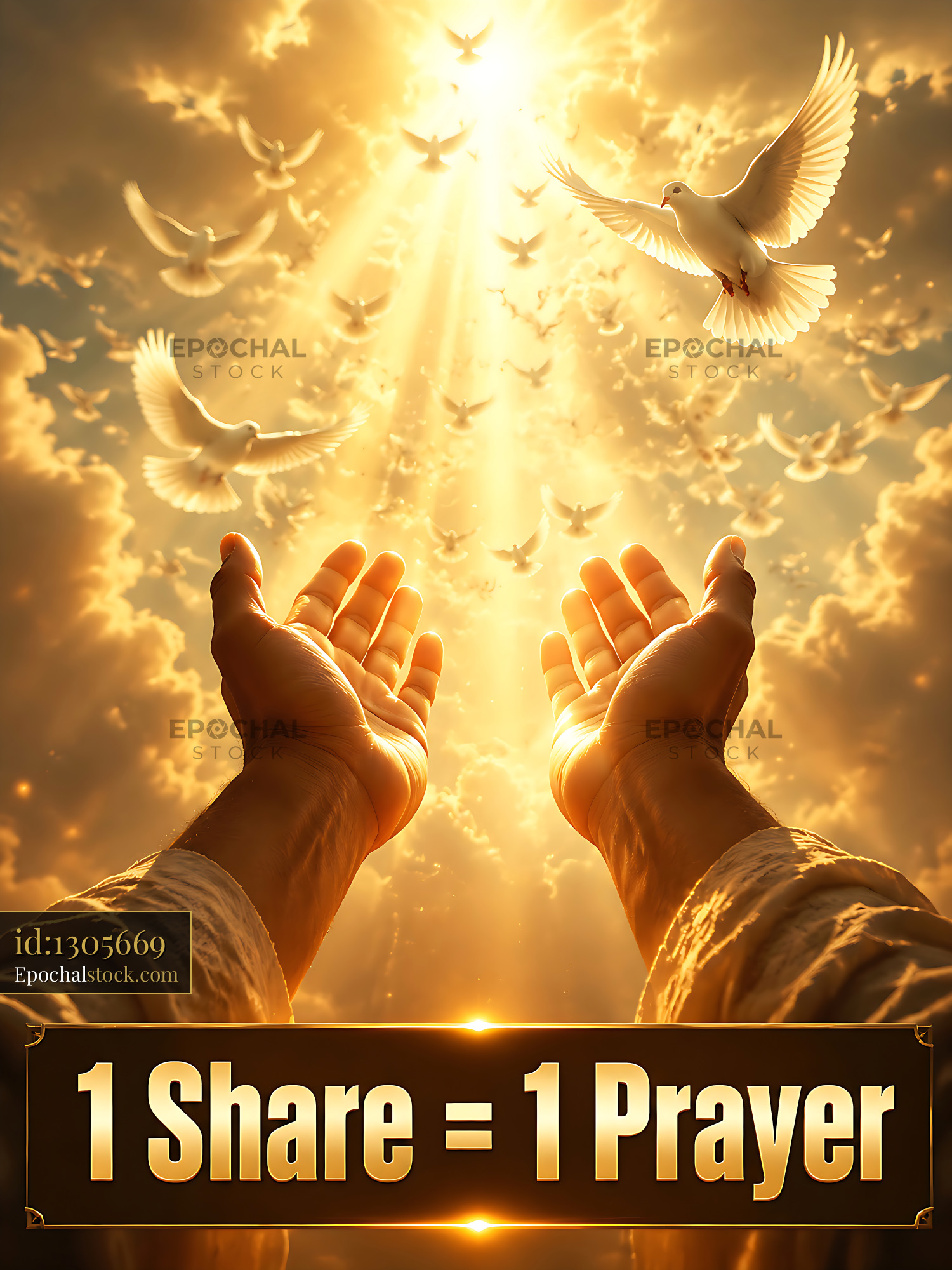 Watermarked full-resolution preview of Hands raised towards doves flying amid golden light