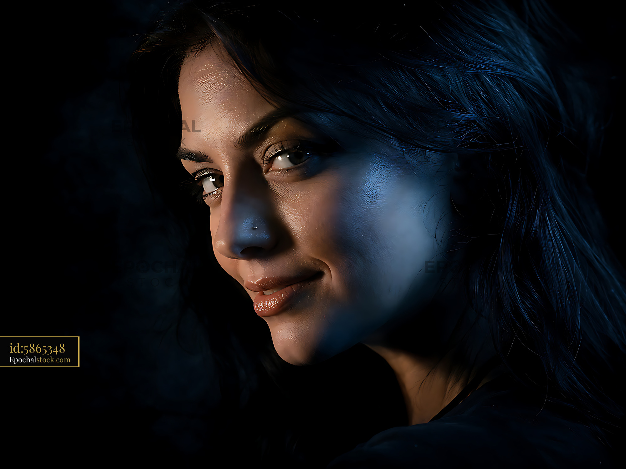 Watermarked full-resolution preview of Woman with dark hair smiling softly in low light