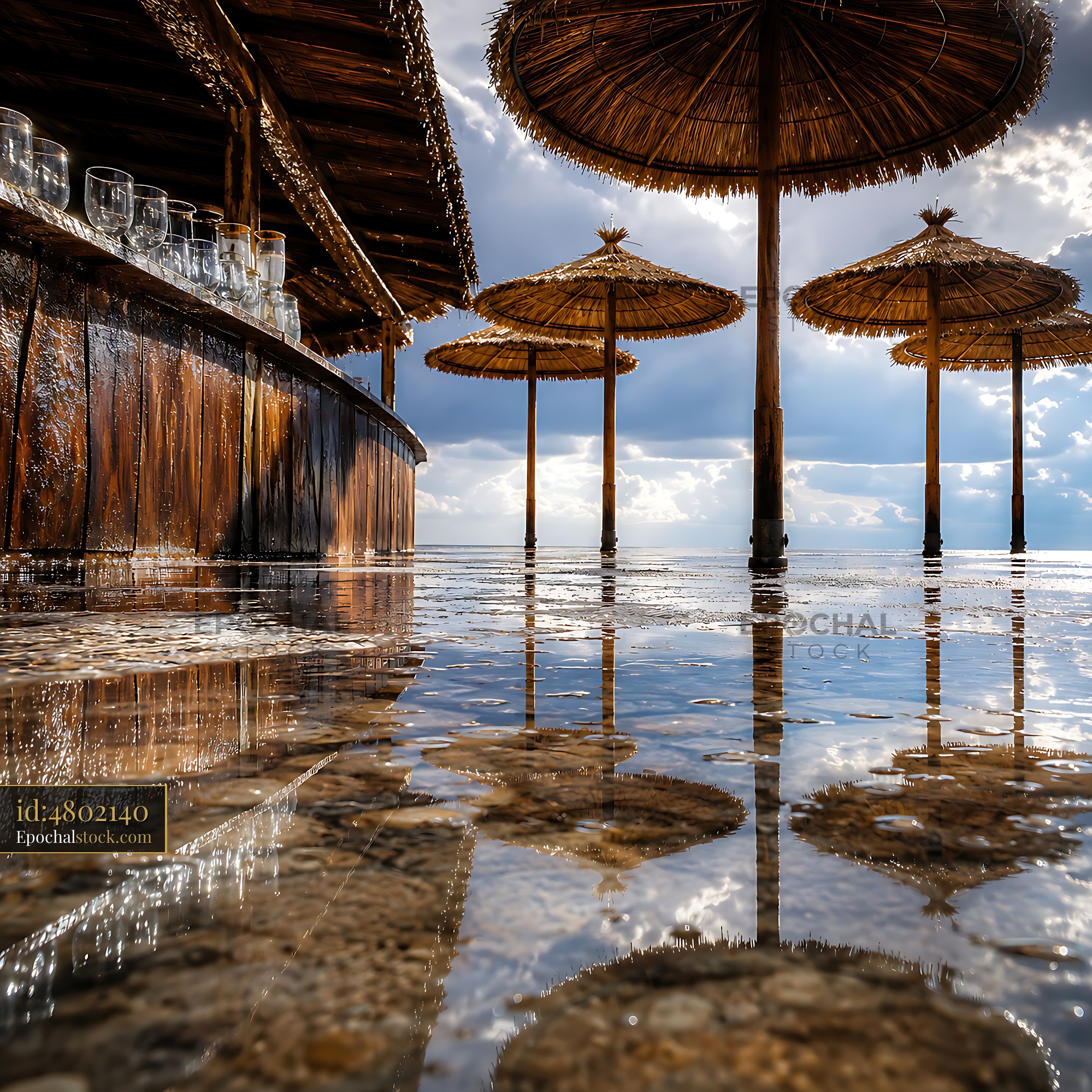 Umbrellas on Beach With Reflections in Water During Sunset - stock photo