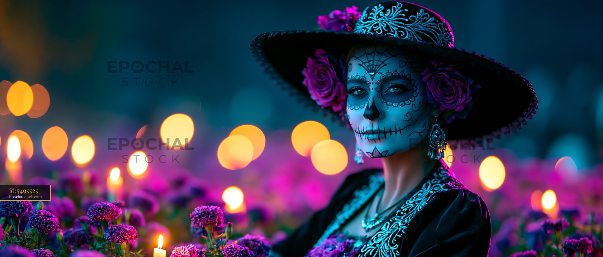 Watermarked full-resolution preview of Woman in traditional dress with sugar skull makeup at night