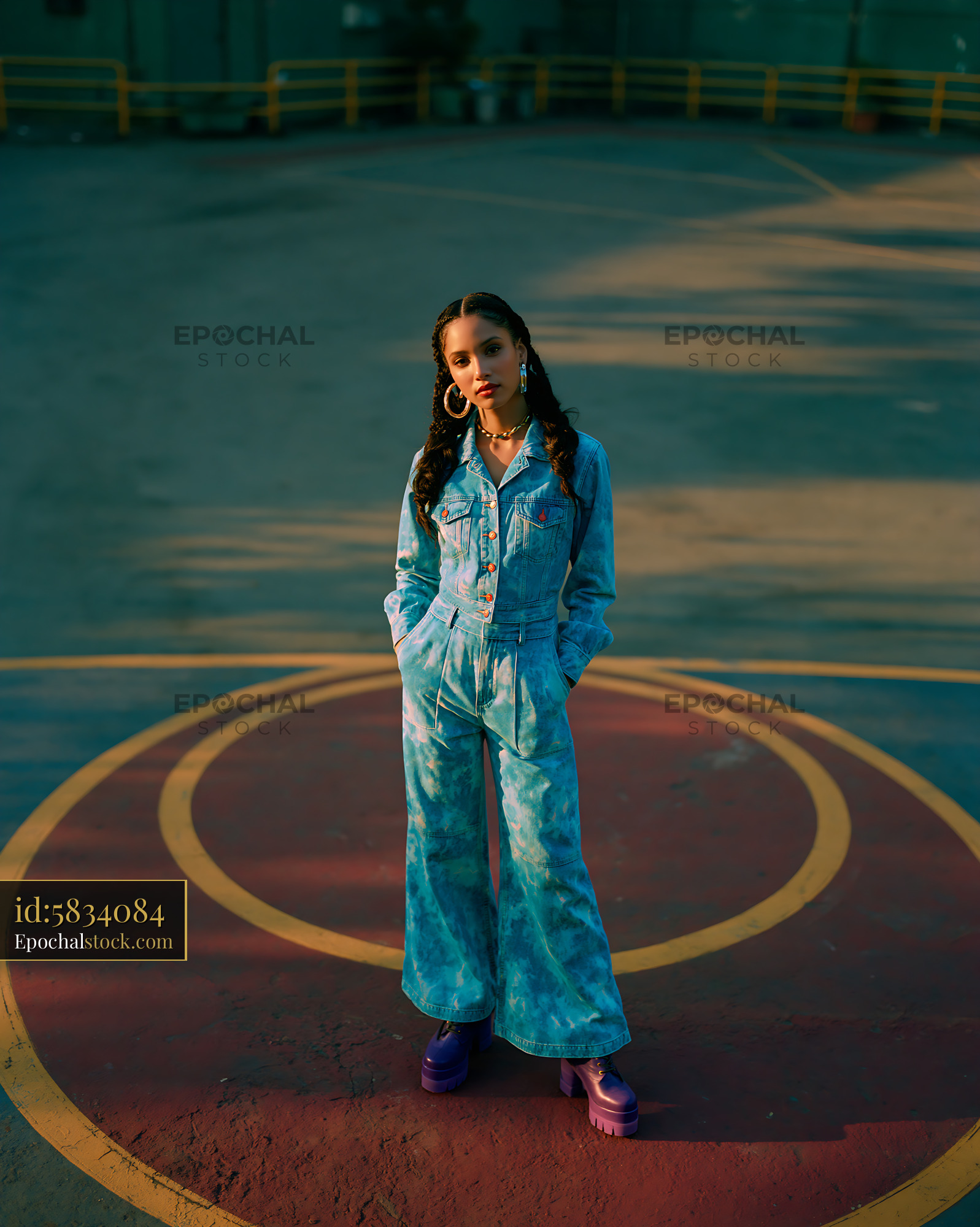 Watermarked full-resolution preview of Young woman stands on painted circle in urban setting