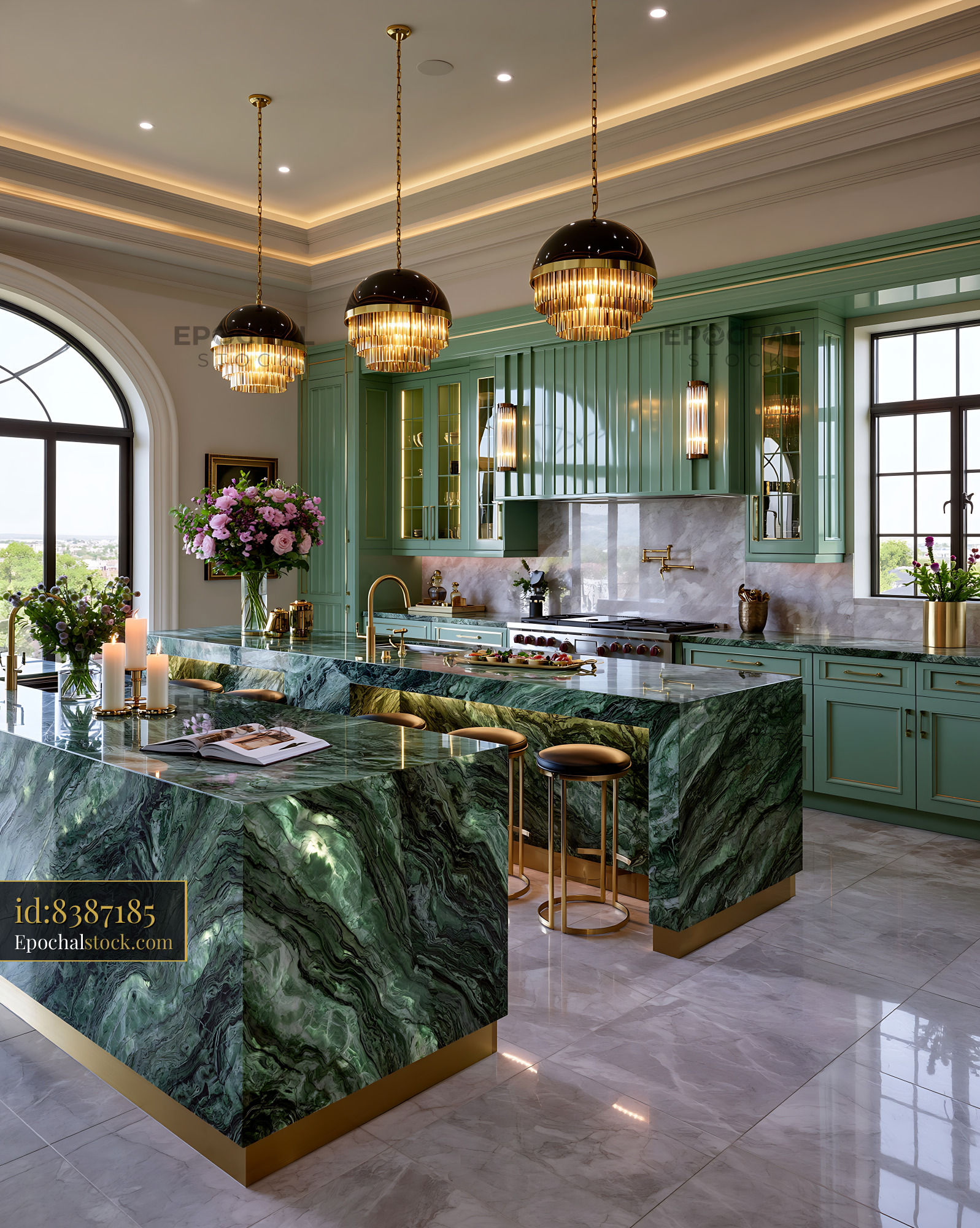 Art Deco Inspired Luxury Kitchen With Green Marble and Gold Accents - stock photo