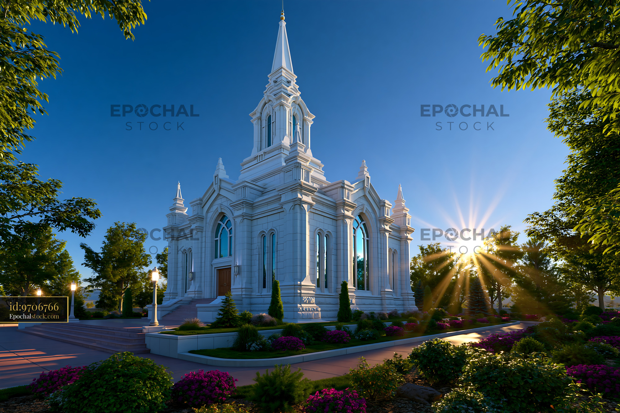 Watermarked full-resolution preview of Sunrise at a white church with a tall spire surrounded by trees