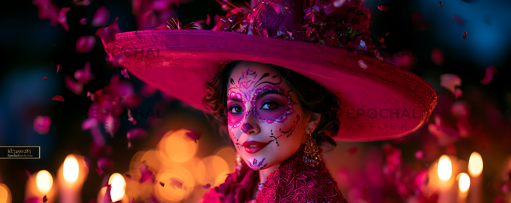 Watermarked full-resolution preview of Colorful portrait of woman with painted face and floral hat