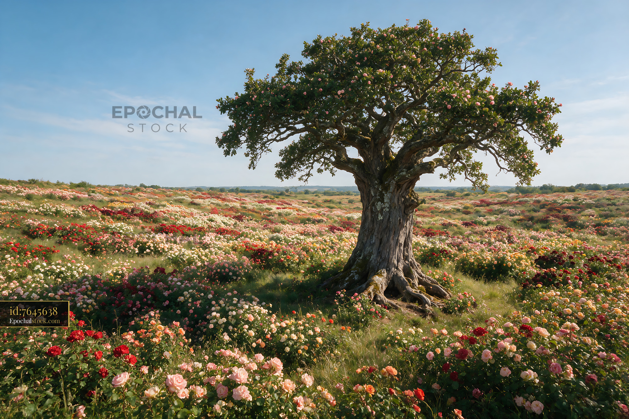 Watermarked full-resolution preview of Tree in flower-filled landscape on sunny day
