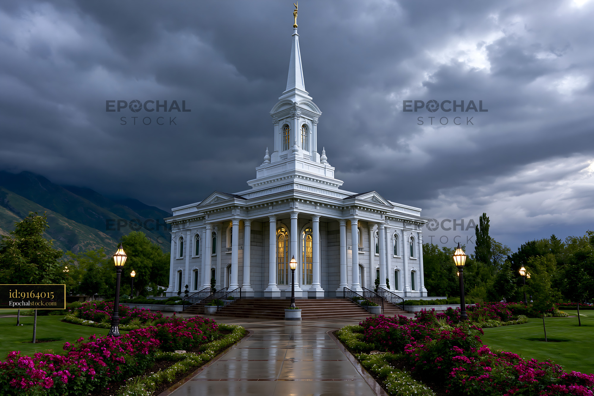 Watermarked full-resolution preview of Church building with tall steeple under cloudy sky