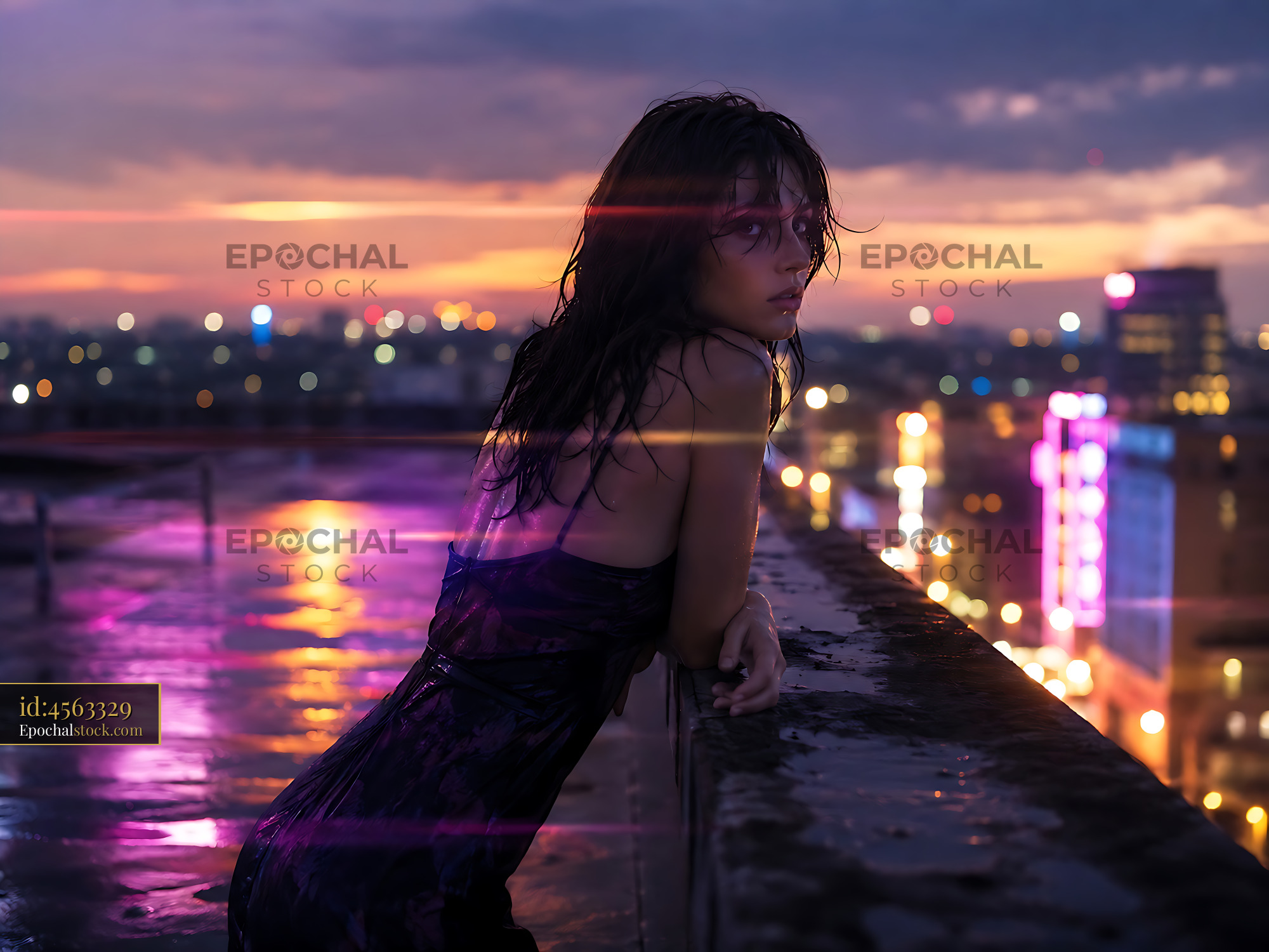 Woman in Wet Dress Looking Over City Skyline at Sunset - stock photo
