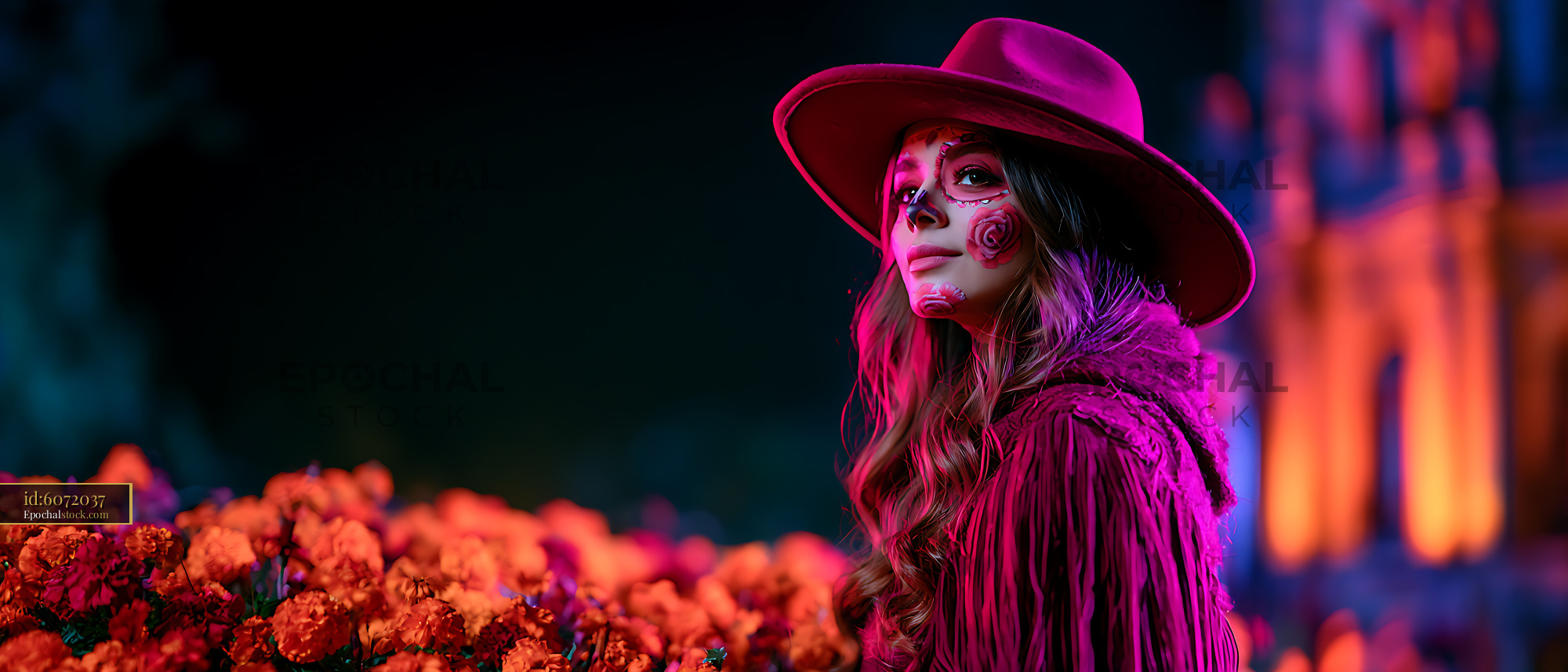 Watermarked full-resolution preview of Colorful portrait of woman with face paint and wide-brimmed hat