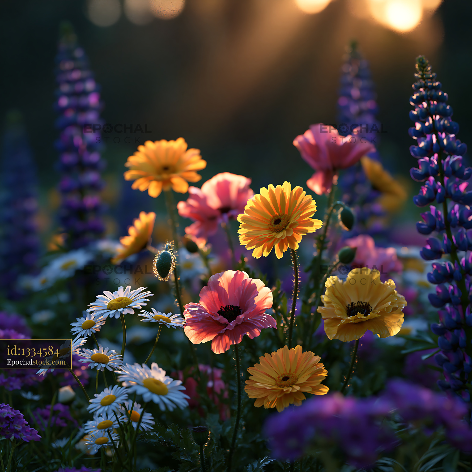 Watermarked full-resolution preview of Colorful wildflowers in a sunlit garden during spring