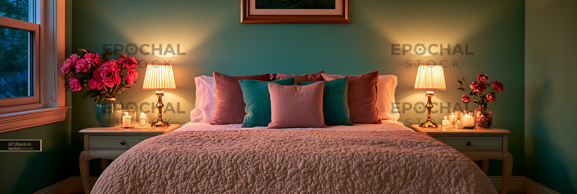 Watermarked full-resolution preview of Warmly decorated bedroom with floral arrangements and bedside lamps