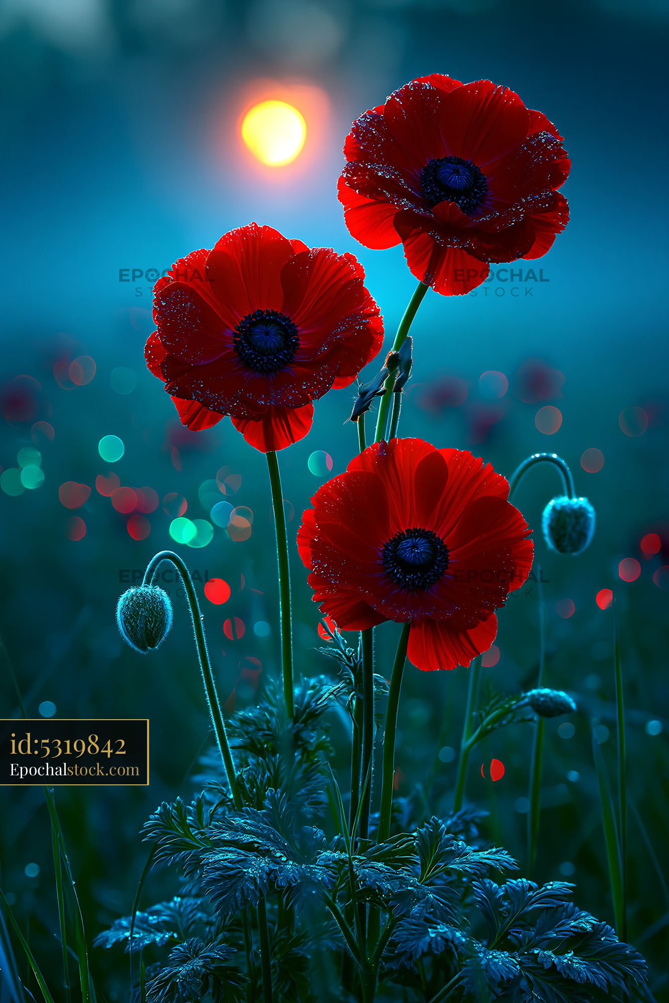 Red Flowers Bloom in Field at Sunrise With Dew Glistening - stock photo
