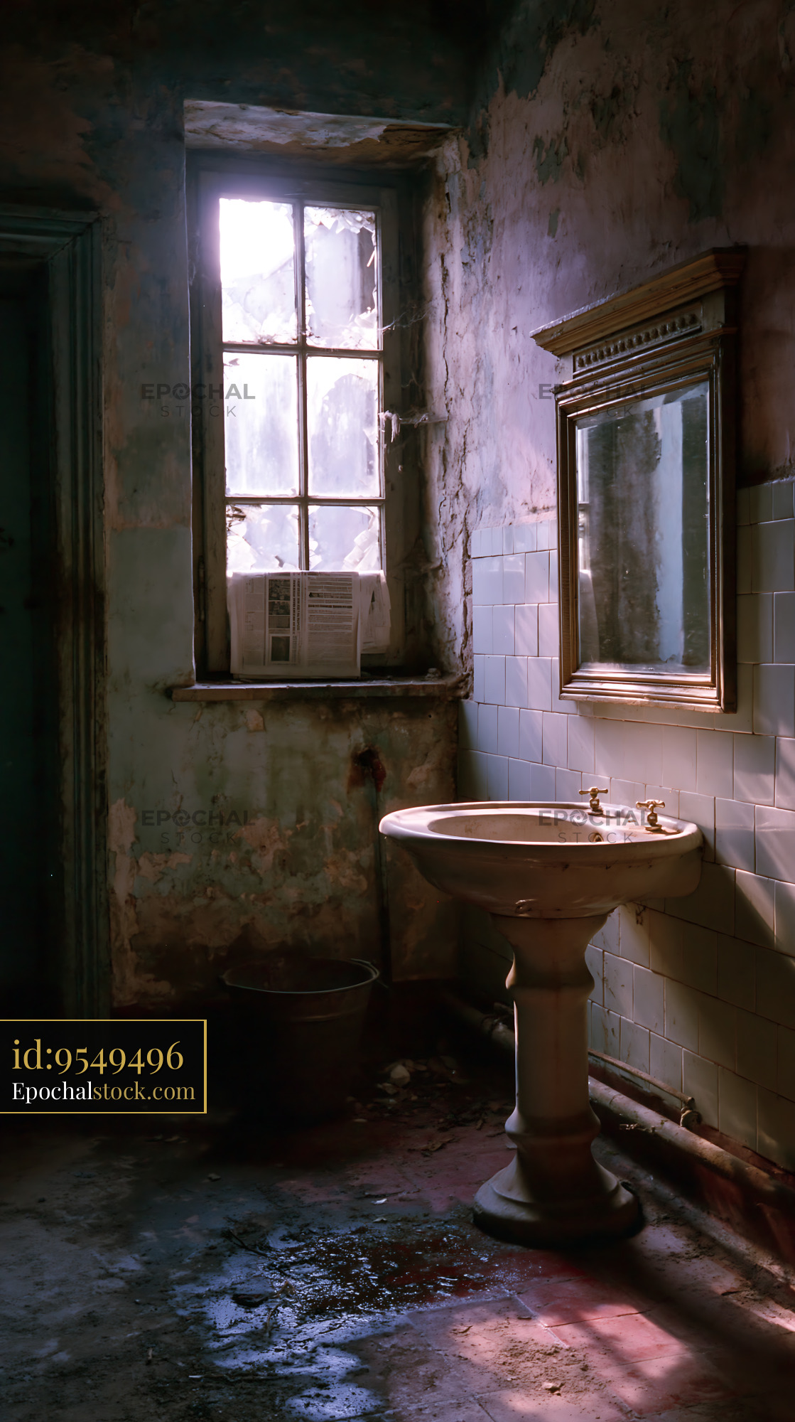 Watermarked full-resolution preview of Old bathroom with a sink and window in an abandoned building
