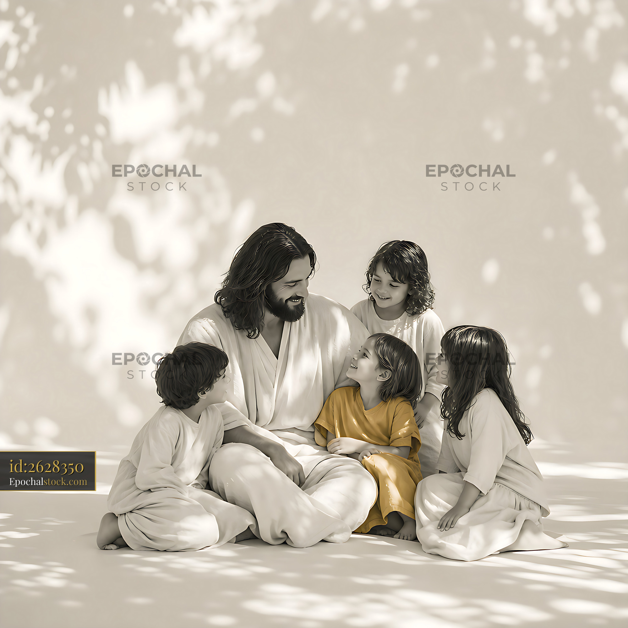 Man Sits With Children Sharing Stories Under Soft Light - stock photo