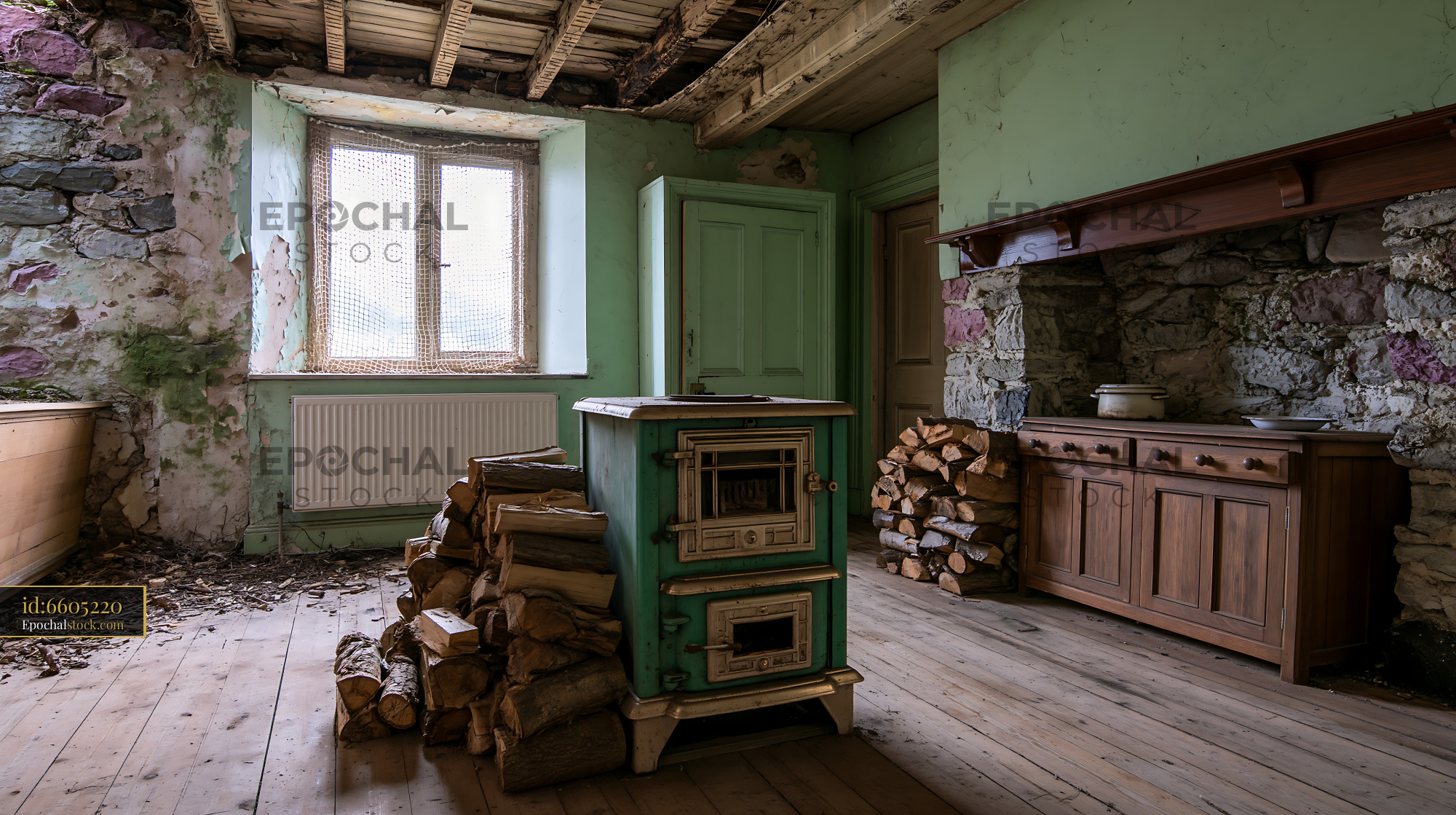 Watermarked full-resolution preview of Old room with a wood stove and stacked firewood