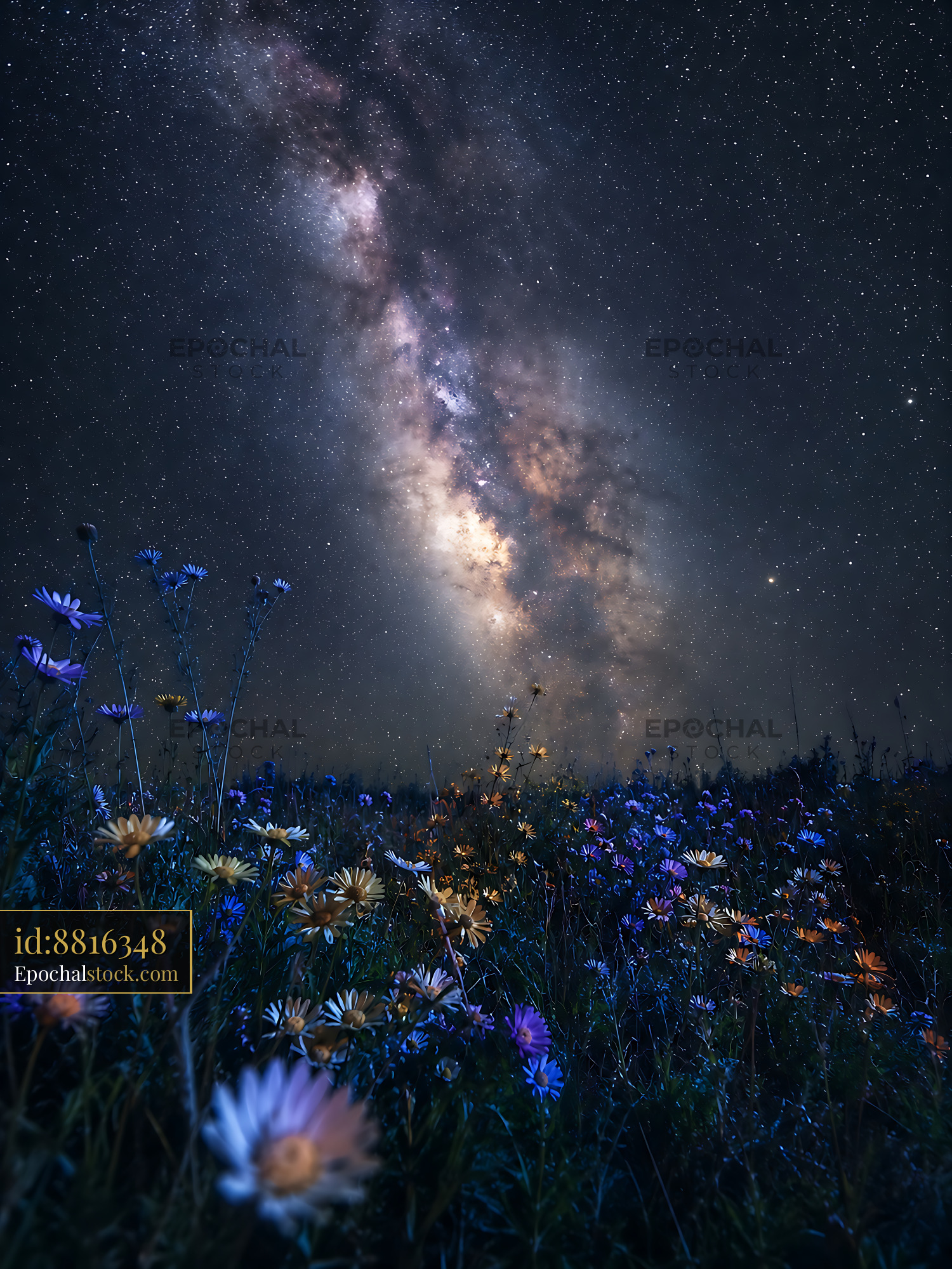 Watermarked full-resolution preview of Stars above a field of wildflowers at night