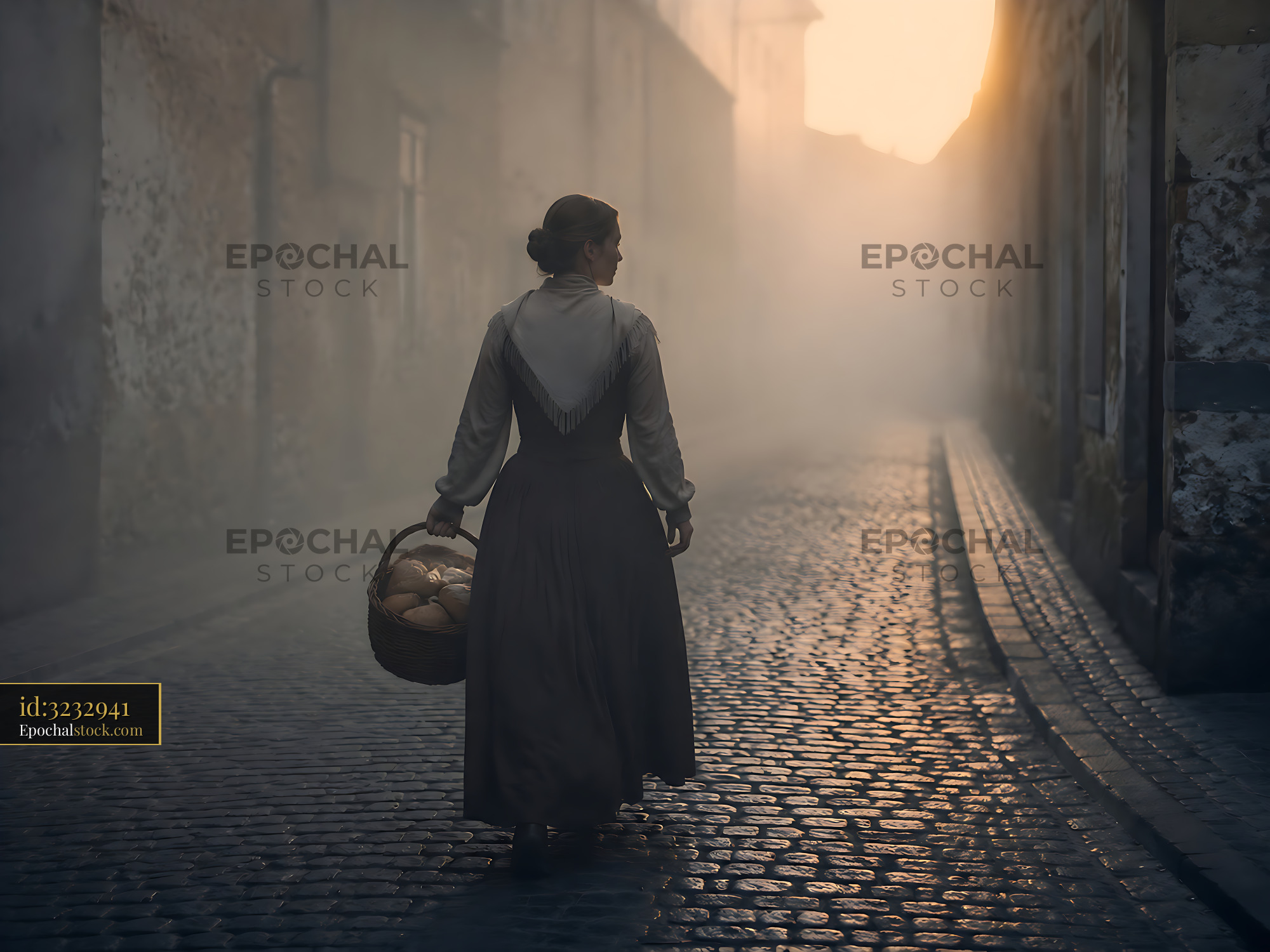 Watermarked full-resolution preview of Woman walking on a cobblestone street at sunrise with a basket